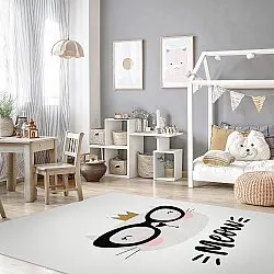 Kindervloerkleed - Reading Cat (wit)