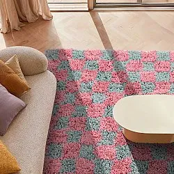 Hoogpolig vloerkleed - Methoni Check Cotton Shaggy (lichtblauw/lichtroze)