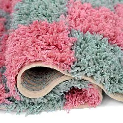 Hoogpolig vloerkleed - Methoni Check Cotton Shaggy (lichtblauw/lichtroze)