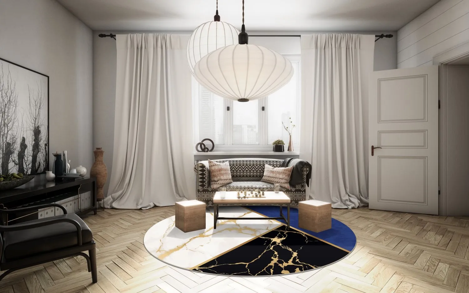 Rond vloerkleed - Canelli (zwart/wit/blauw)