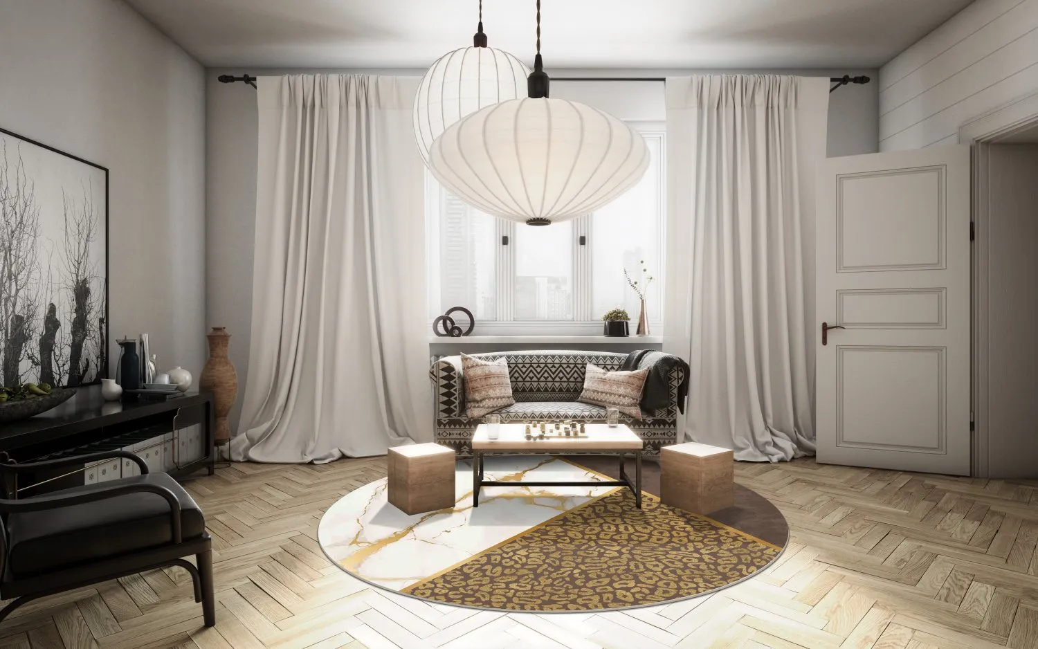 Rond vloerkleed - Granada (bruin/wit/goud)