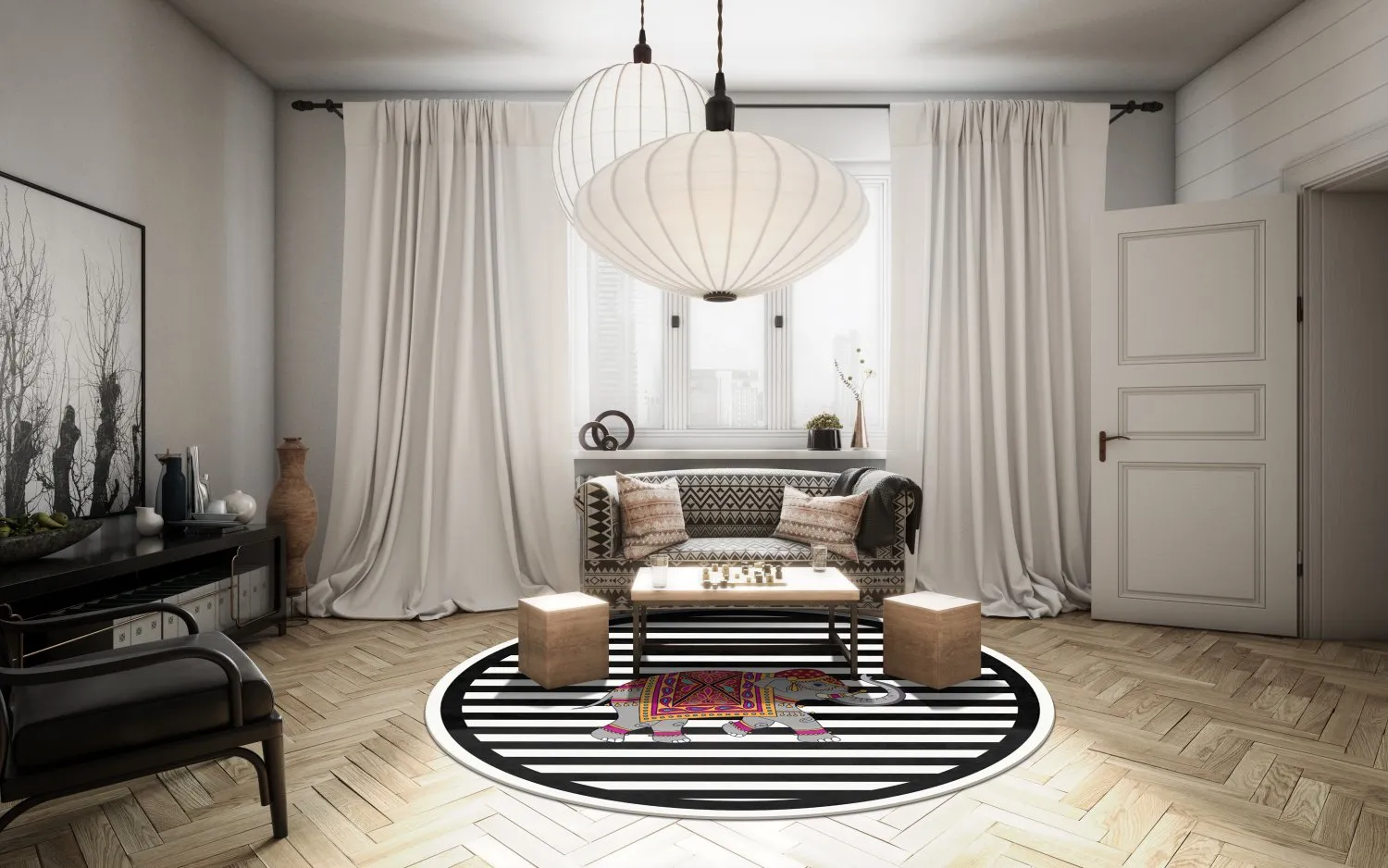 Rond vloerkleed - Develi (zwart/wit)