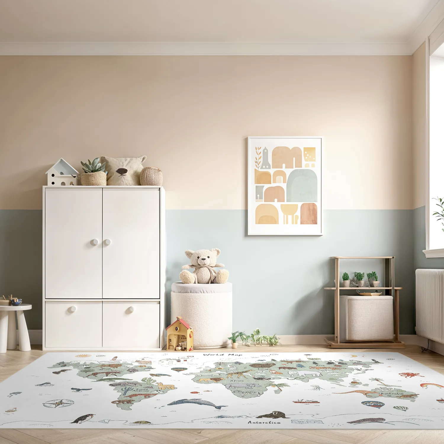 Kindervloerkleed - Kids World Map (groen)