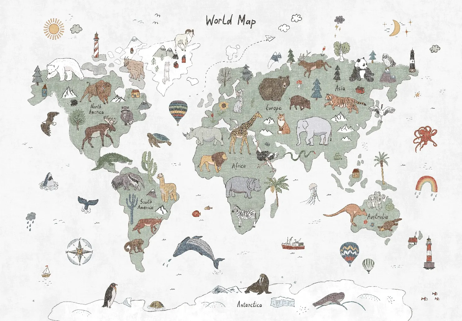 Kindervloerkleed - Kids World Map (groen)