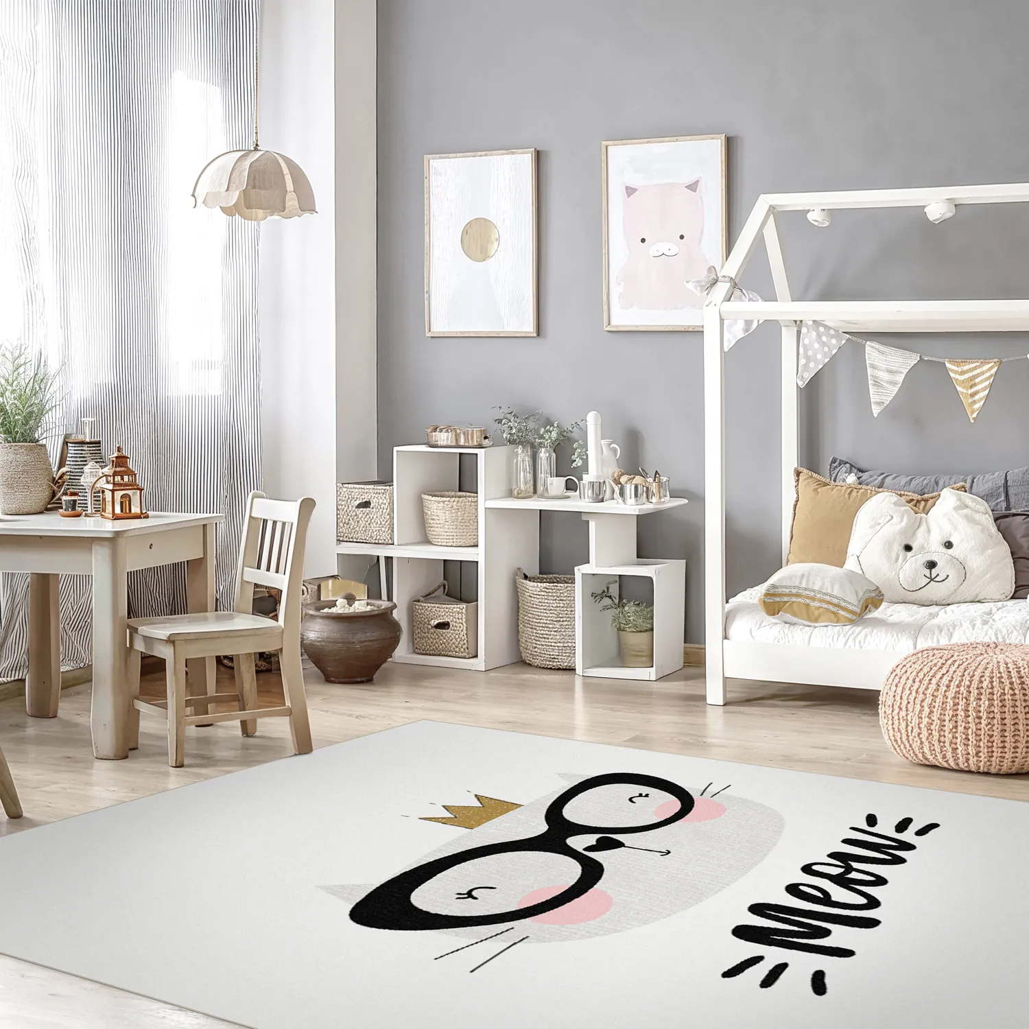 Kindervloerkleed - Reading Cat (wit)