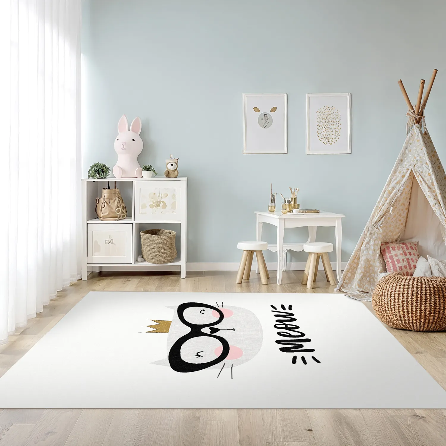 Kindervloerkleed - Reading Cat (wit)