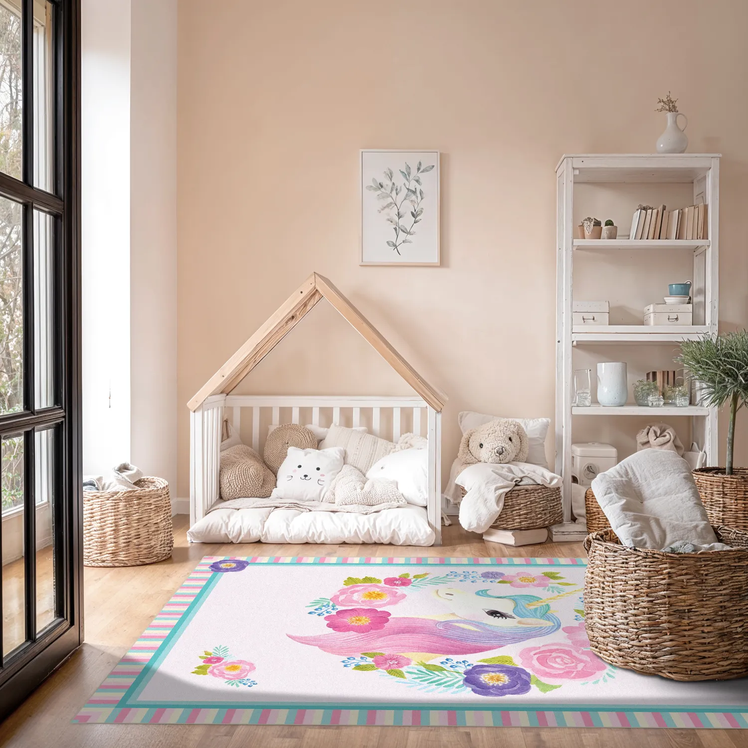 Kindervloerkleed - Unicorn Flowers (roze)