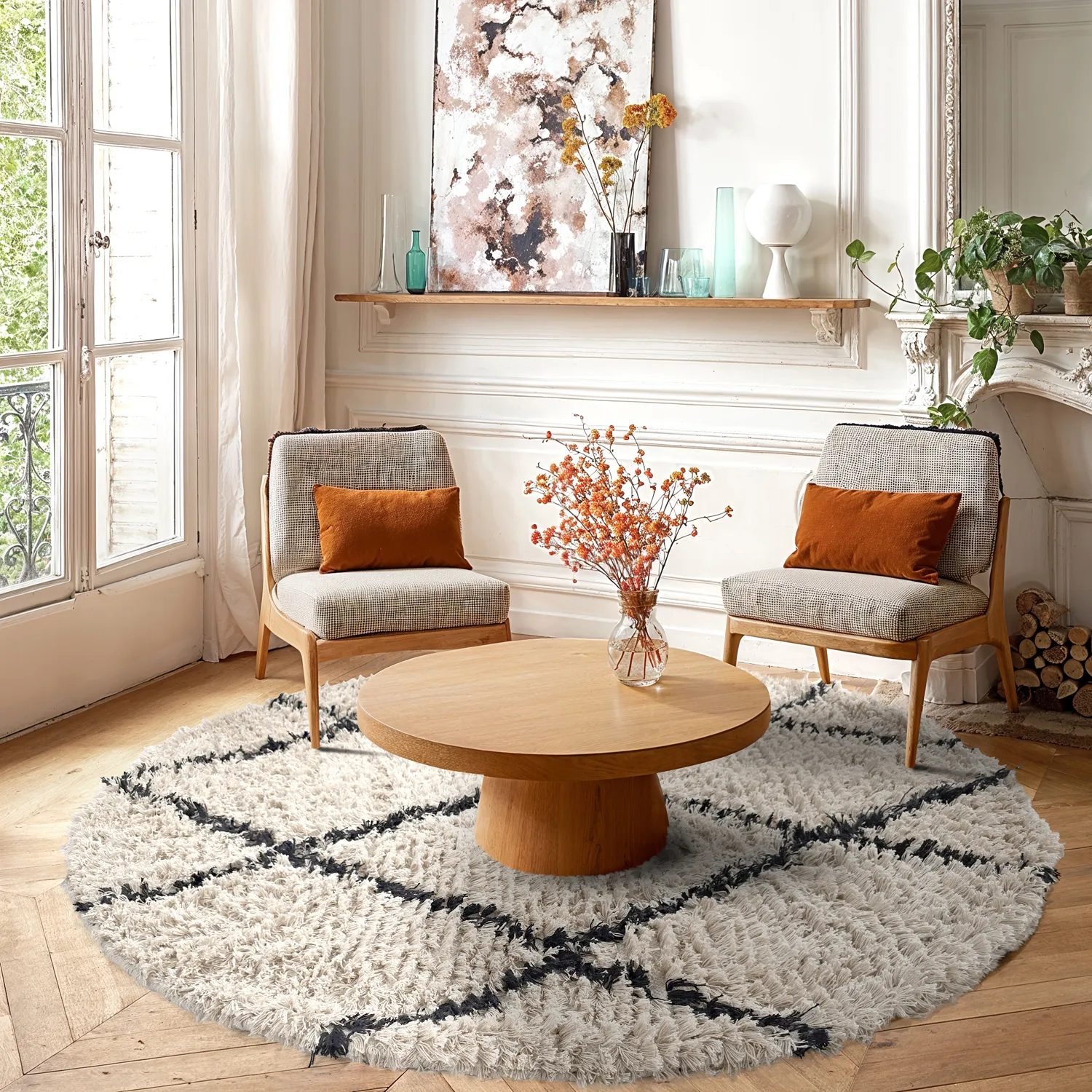 Rond vloerkleed - Alcott Natural Cotton Shaggy (zwart/wit)