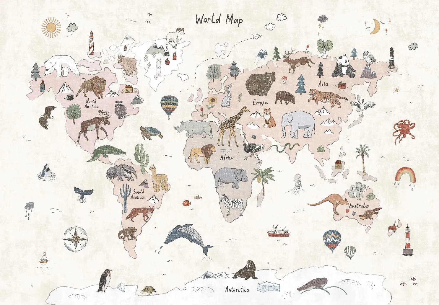Kindervloerkleed - Kids World Map (beige)