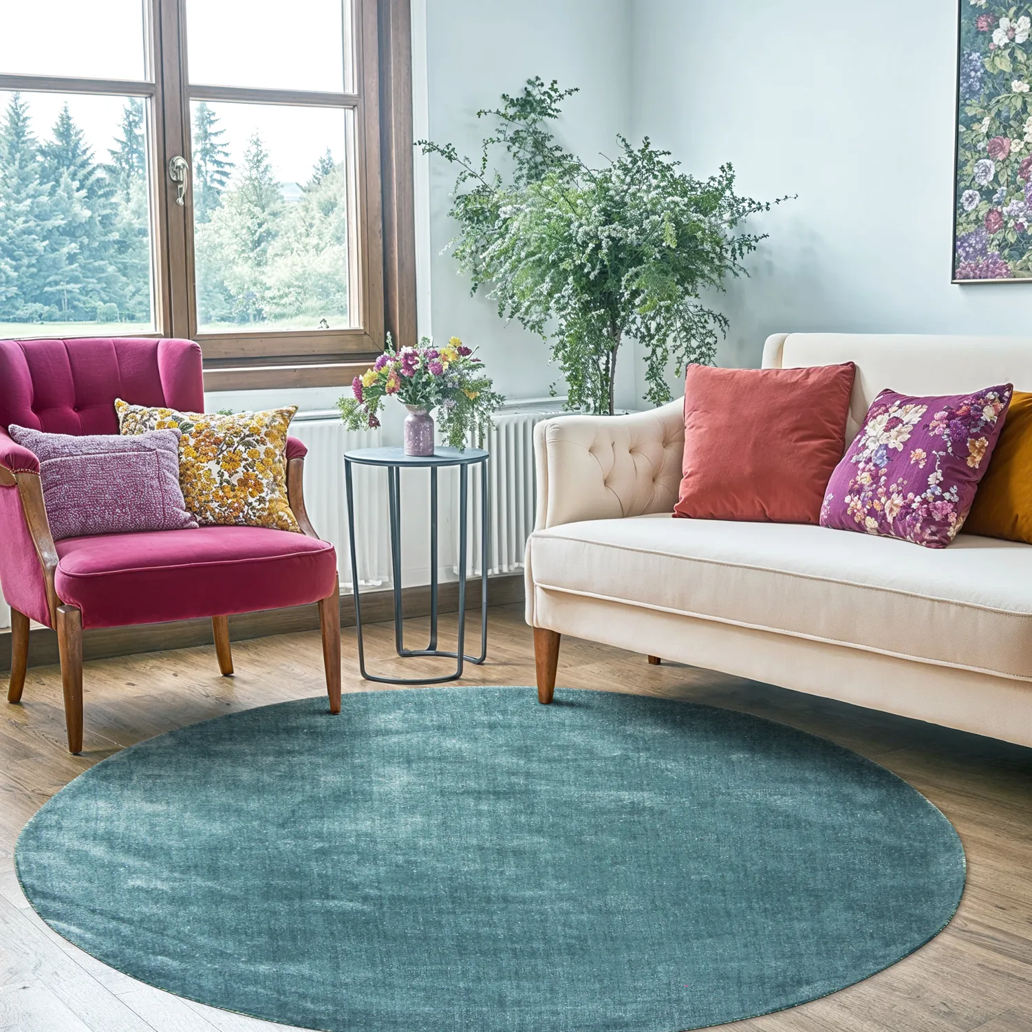 Rond vloerkleed - Recycled PET with viscose look (staal blauw)