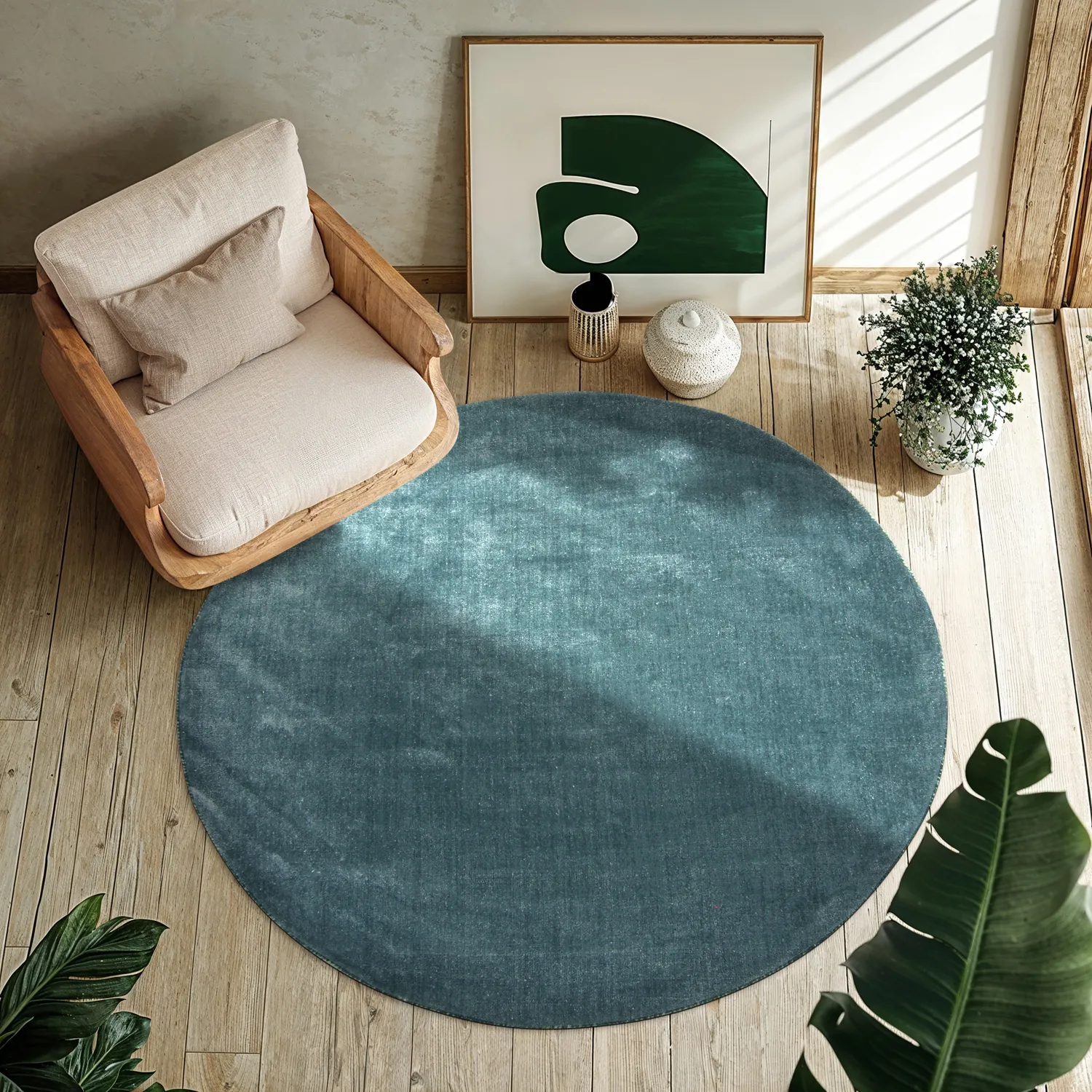 Rond vloerkleed - Recycled PET with viscose look (staal blauw)