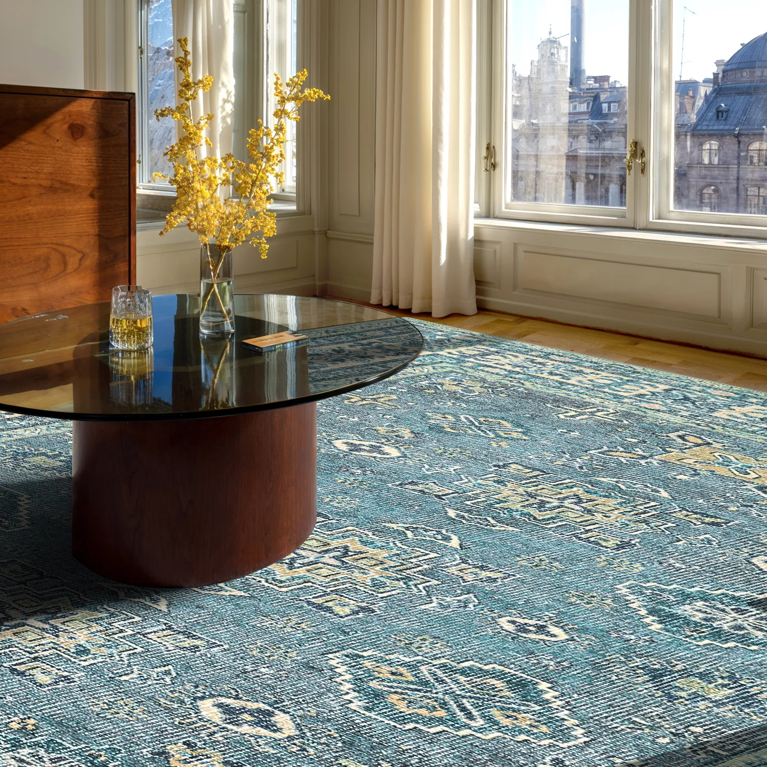 Vlakgeweven vloerkleed - Benaluna (blauw/groen)