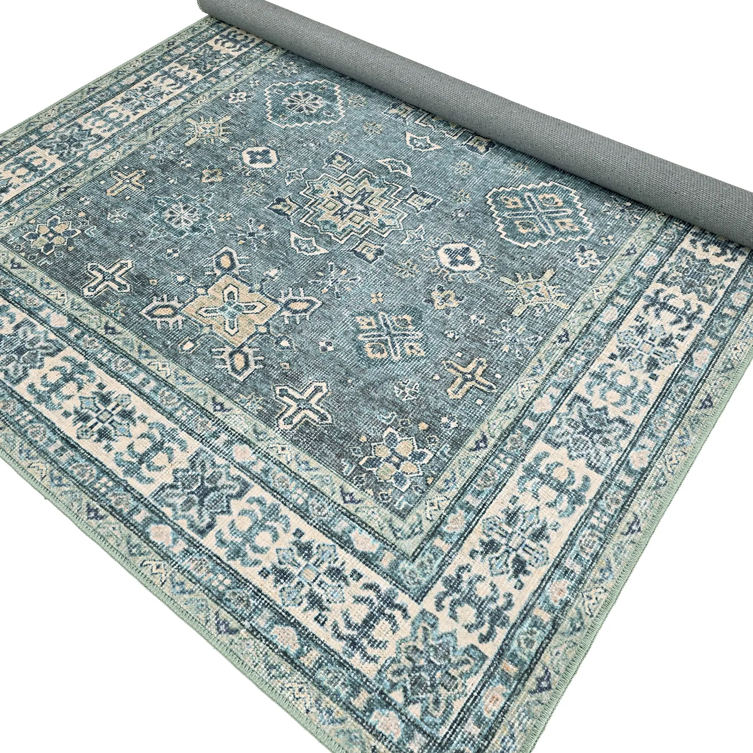 Vlakgeweven vloerkleed - Benaluna (blauw/groen)