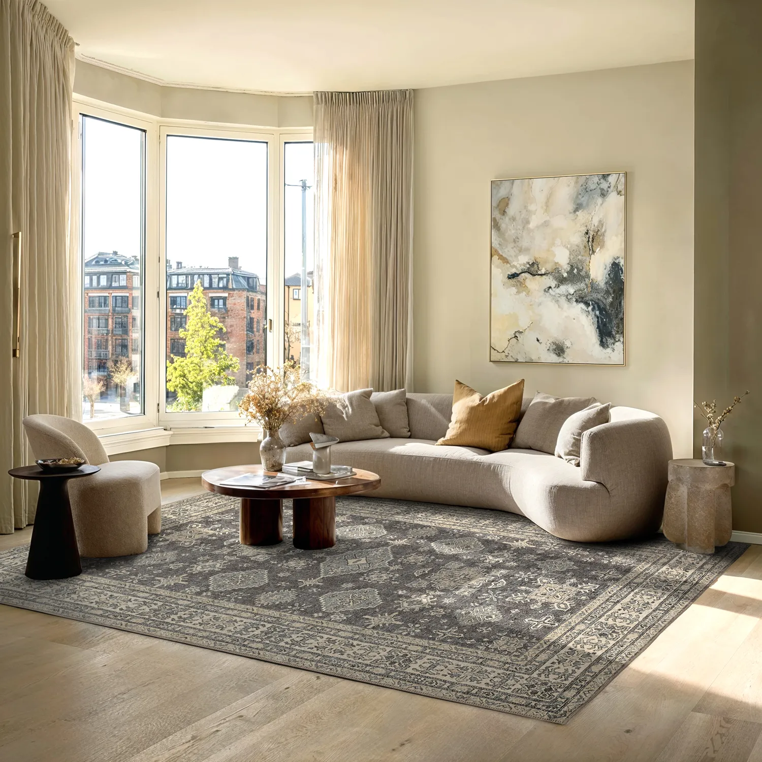 Vlakgeweven vloerkleed - Zuleina (donkergrijs)