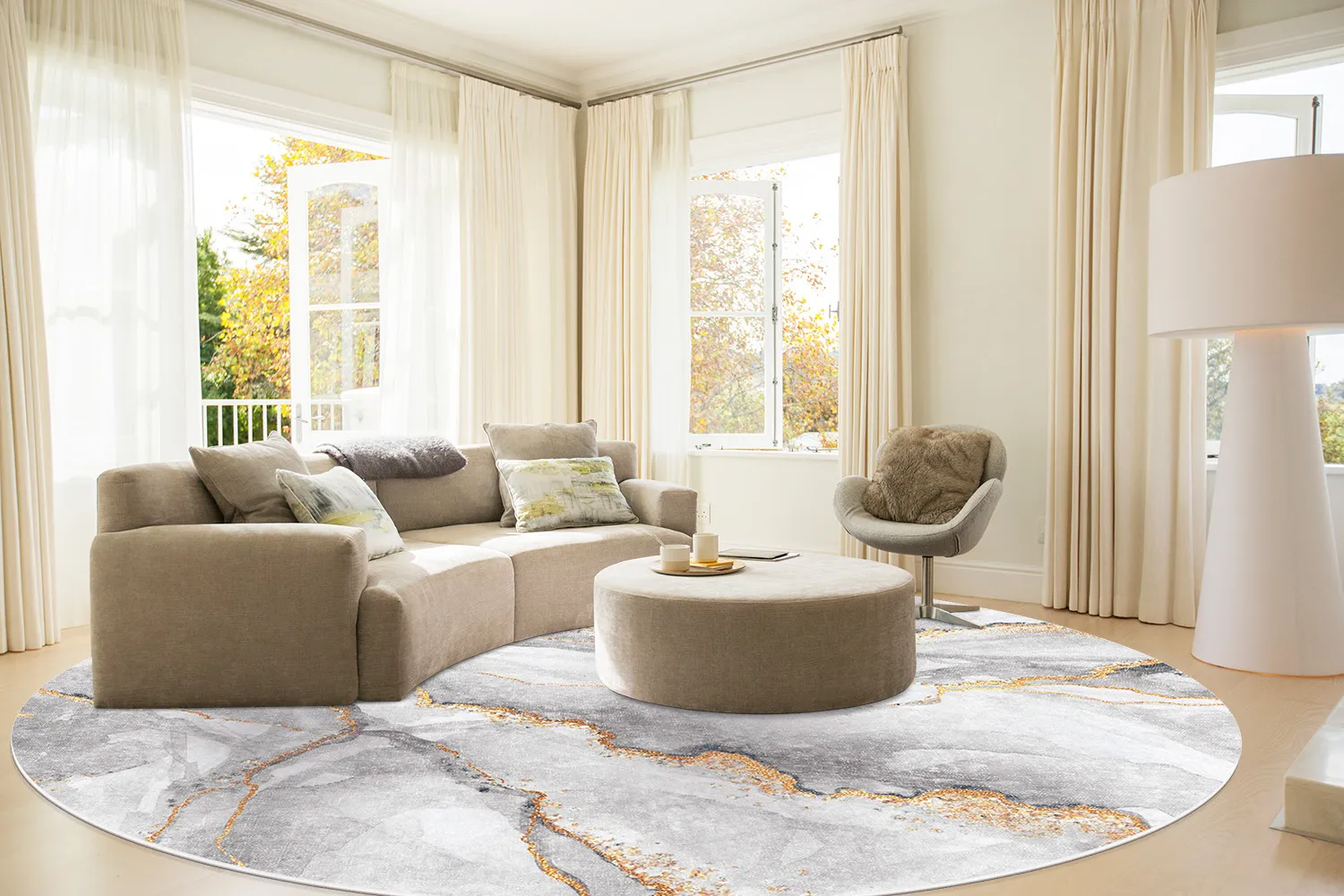 Rond vloerkleed - Genova (grijs/wit/goud)