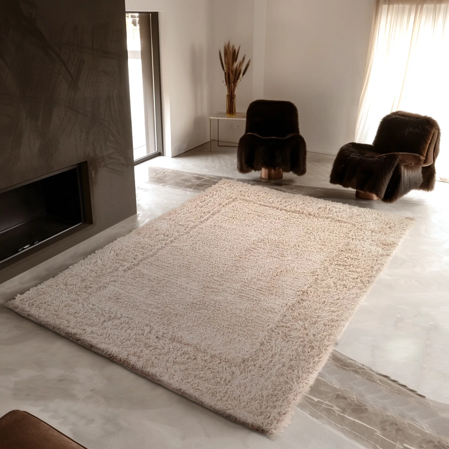 Hoogpolig vloerkleed - Aline Natural Cotton Shaggy (beige)