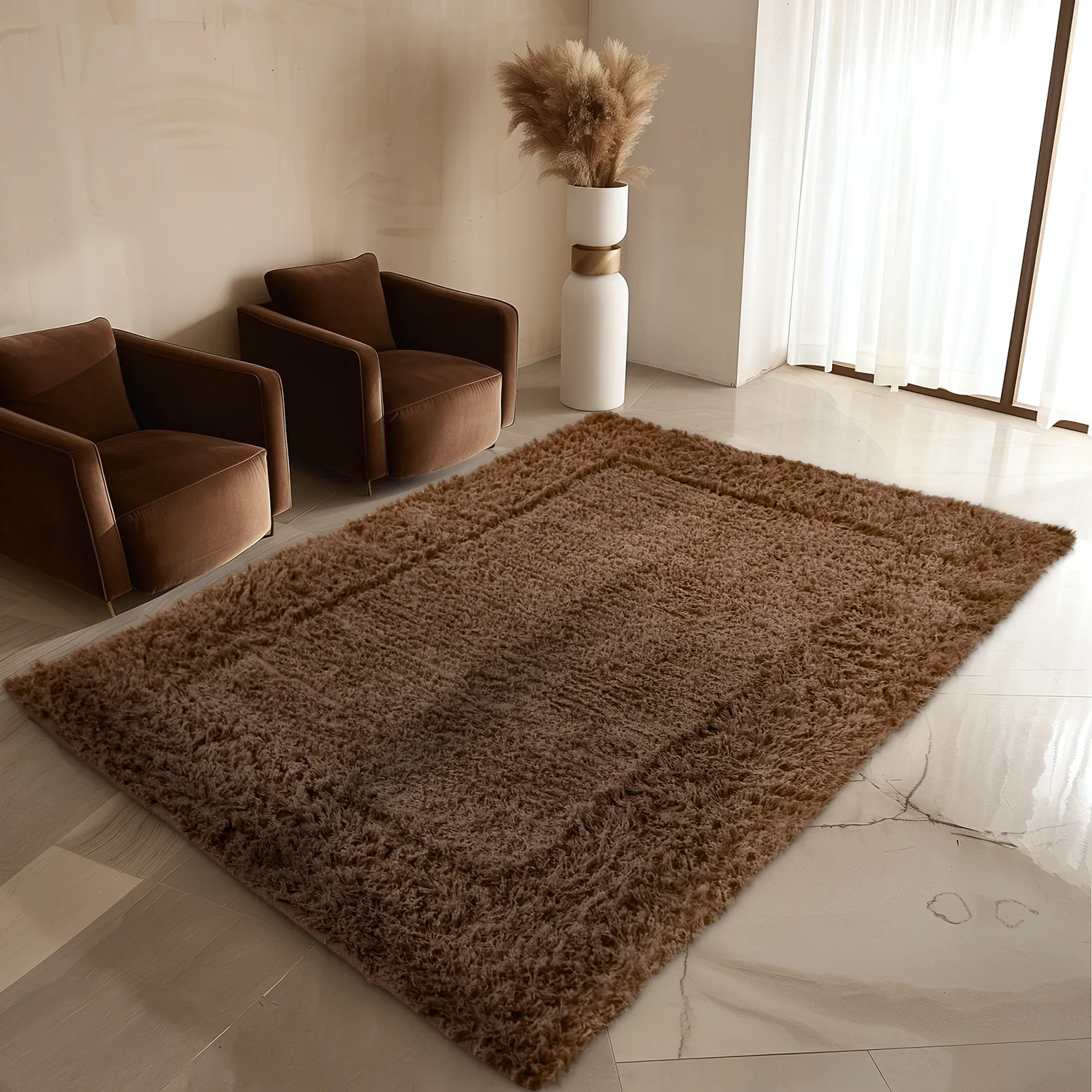 Hoogpolig vloerkleed - Aline Natural Cotton Shaggy (bruin)