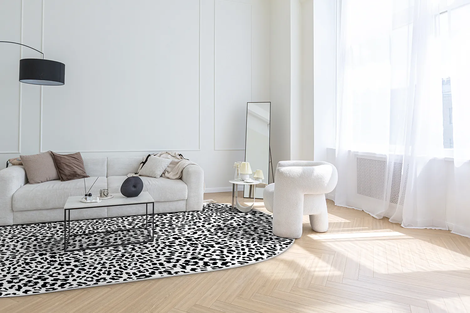 Ovaal tapijt - Leopard (zwart/wit)