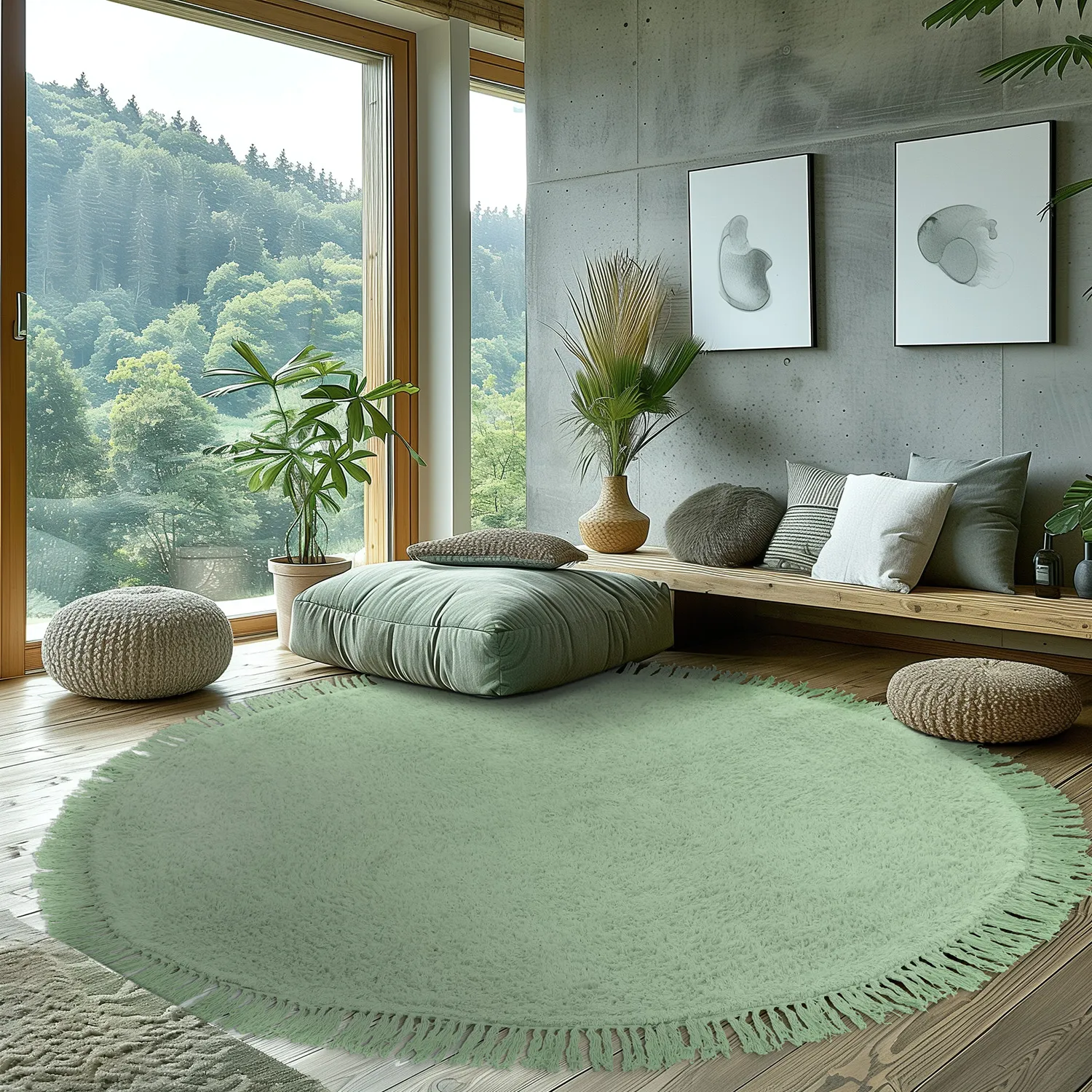 Ronde vloerkleden - Alba Natural Cotton Shaggy (licht groen)