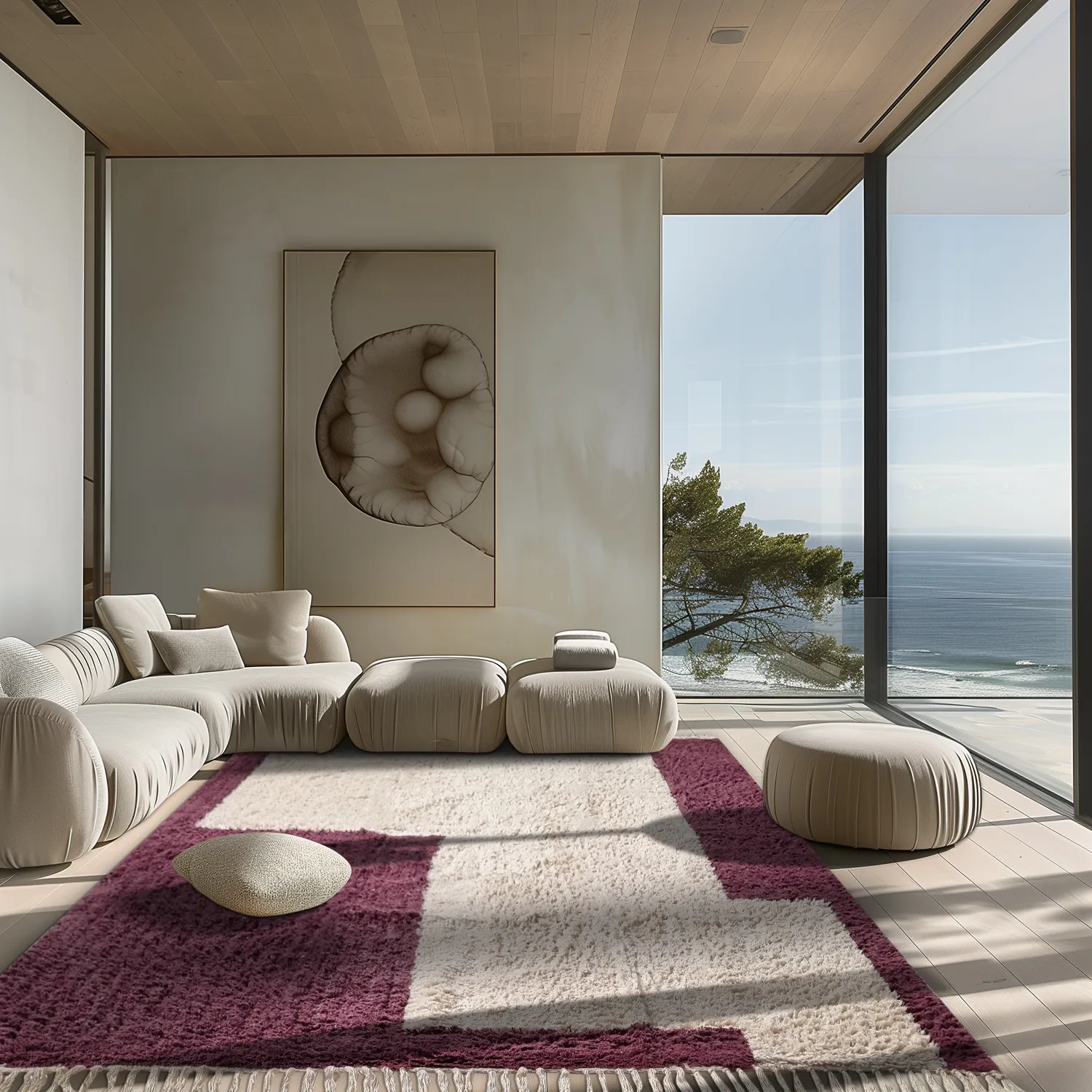 Hoogpolig vloerkleed - Ricco Natural Cotton Shaggy (offwhite/bordeaux)