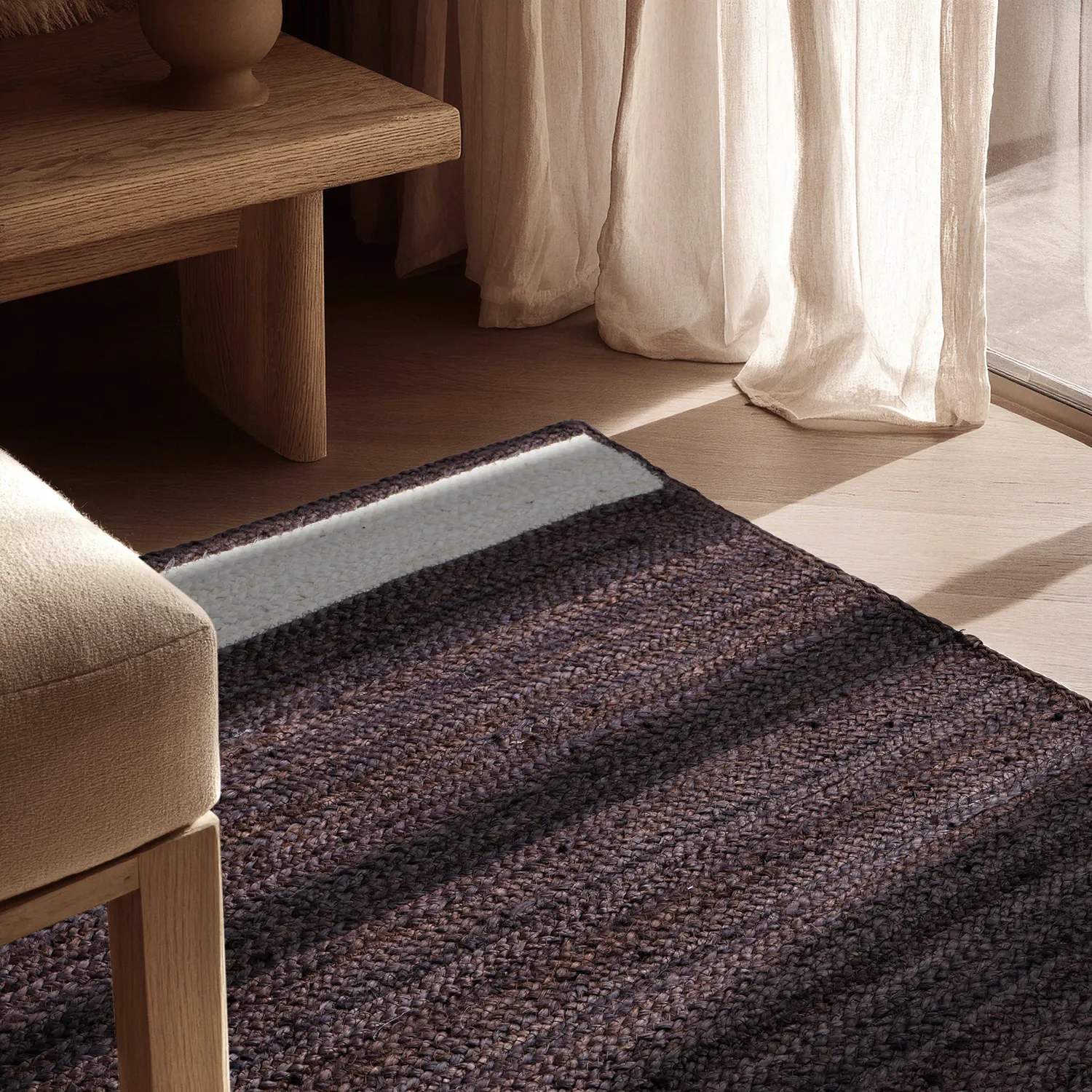 Jute-vloerkleed - Senaki (donker taupe/wit)