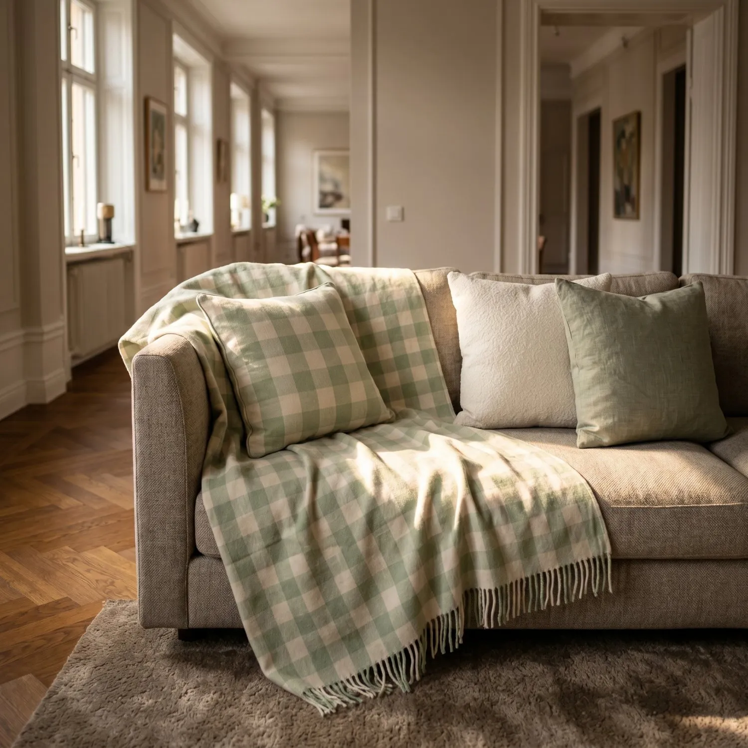 Kussensloop - Isela check cotton cushion cover (crème/lichtgroen)