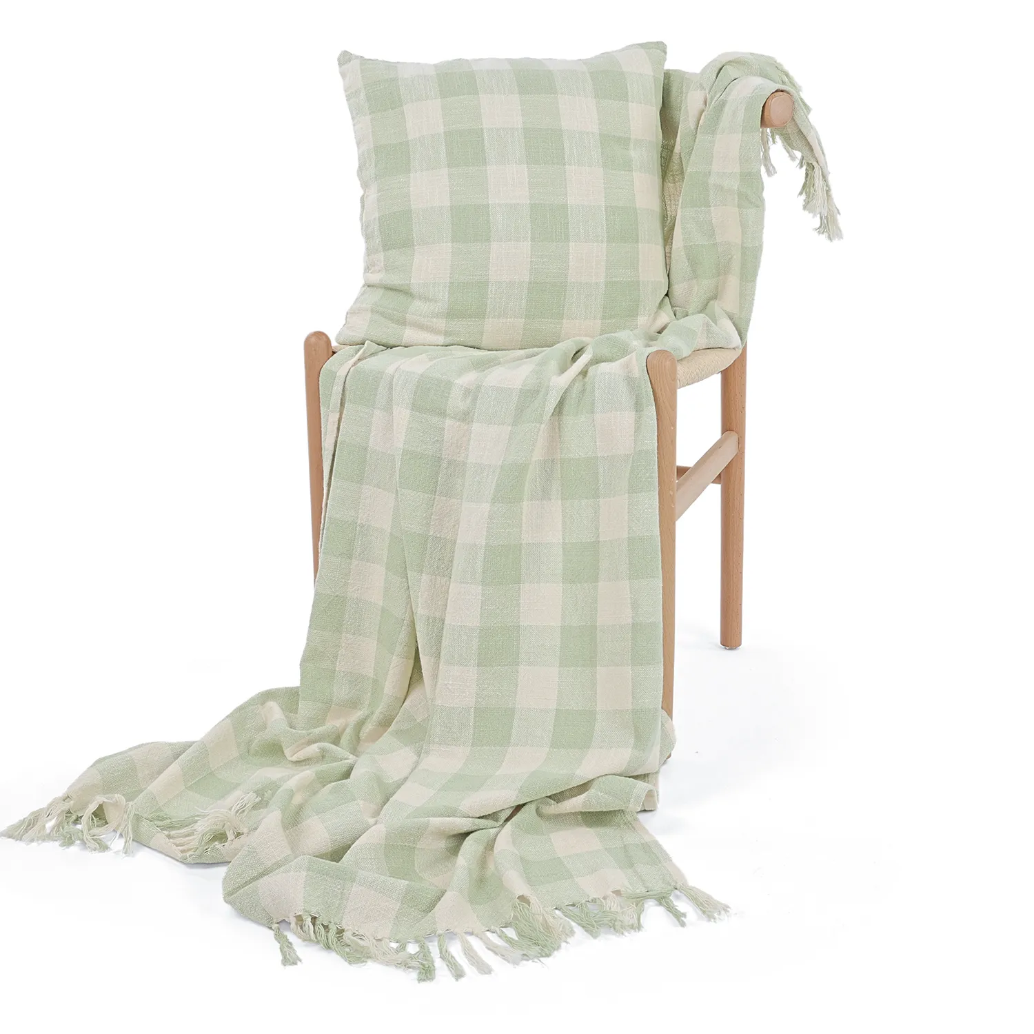 Kussensloop - Isela check cotton cushion cover (crème/lichtgroen)