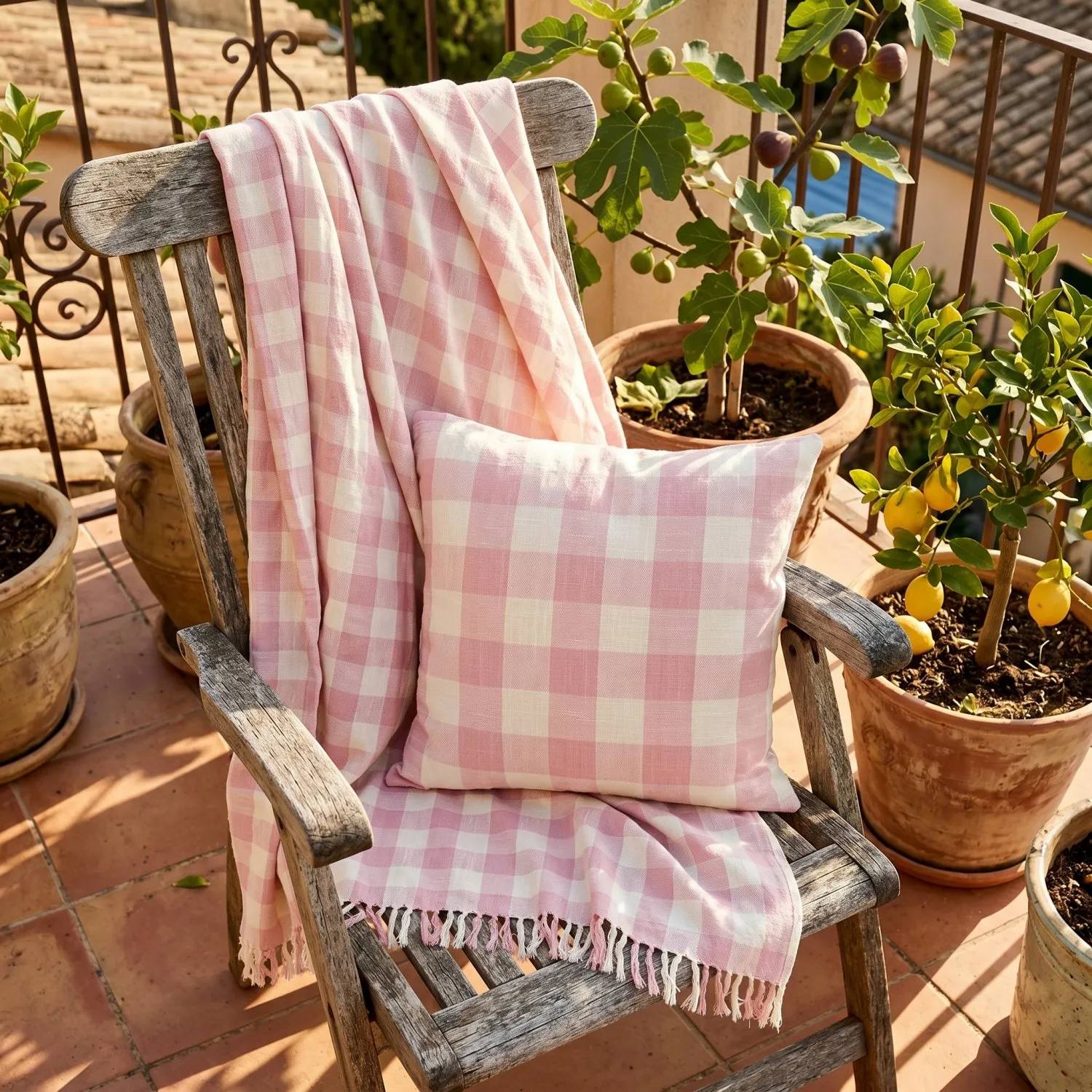 Kussensloop - Isela check cotton cushion cover (crème/roze)