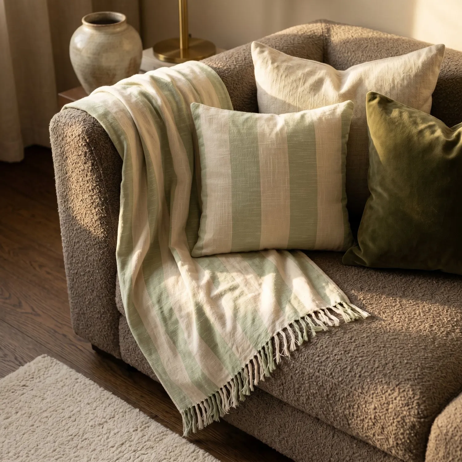 Kussensloop - Kora stripe cotton cushion cover (crème/lichtgroen)