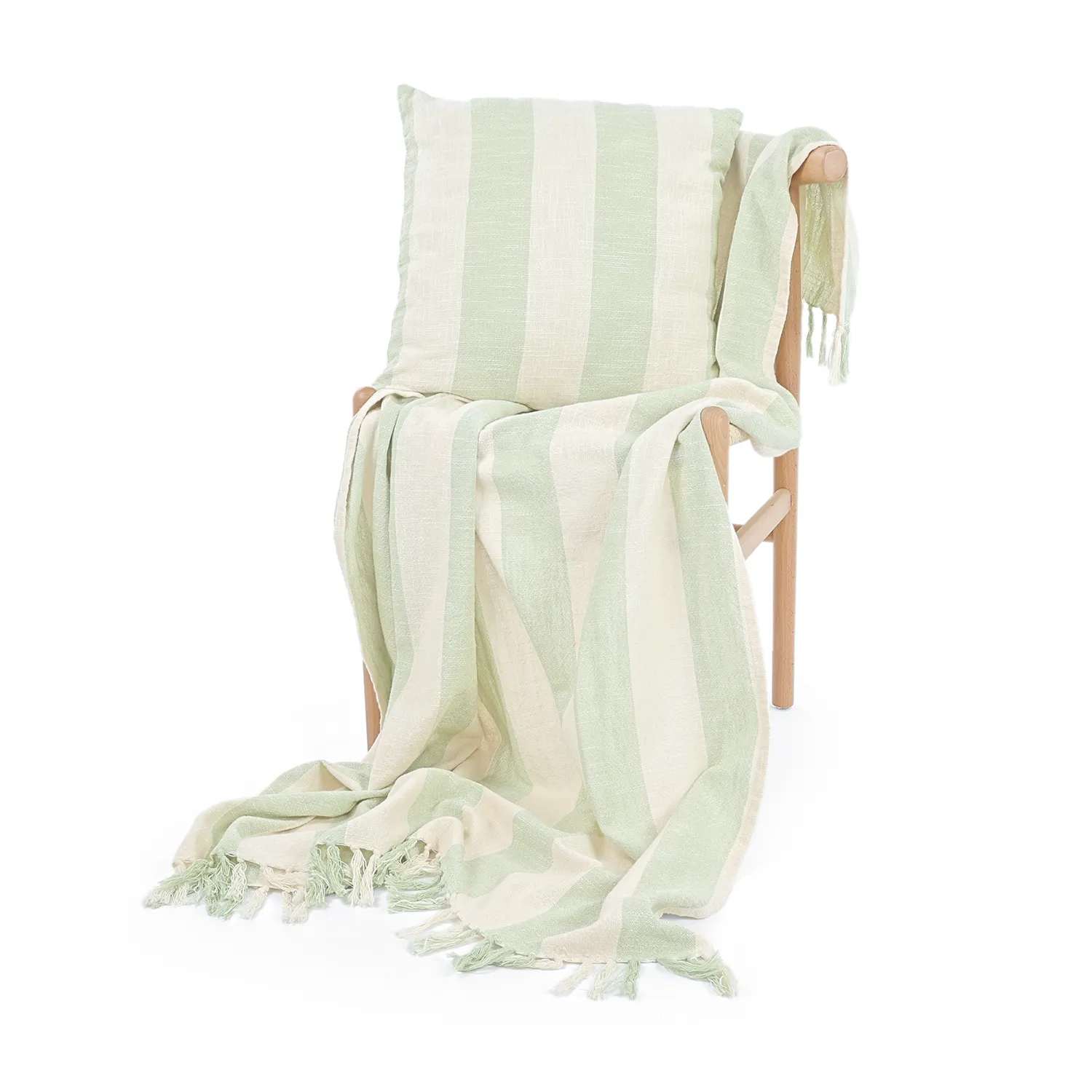 Kussensloop - Kora stripe cotton cushion cover (crème/lichtgroen)