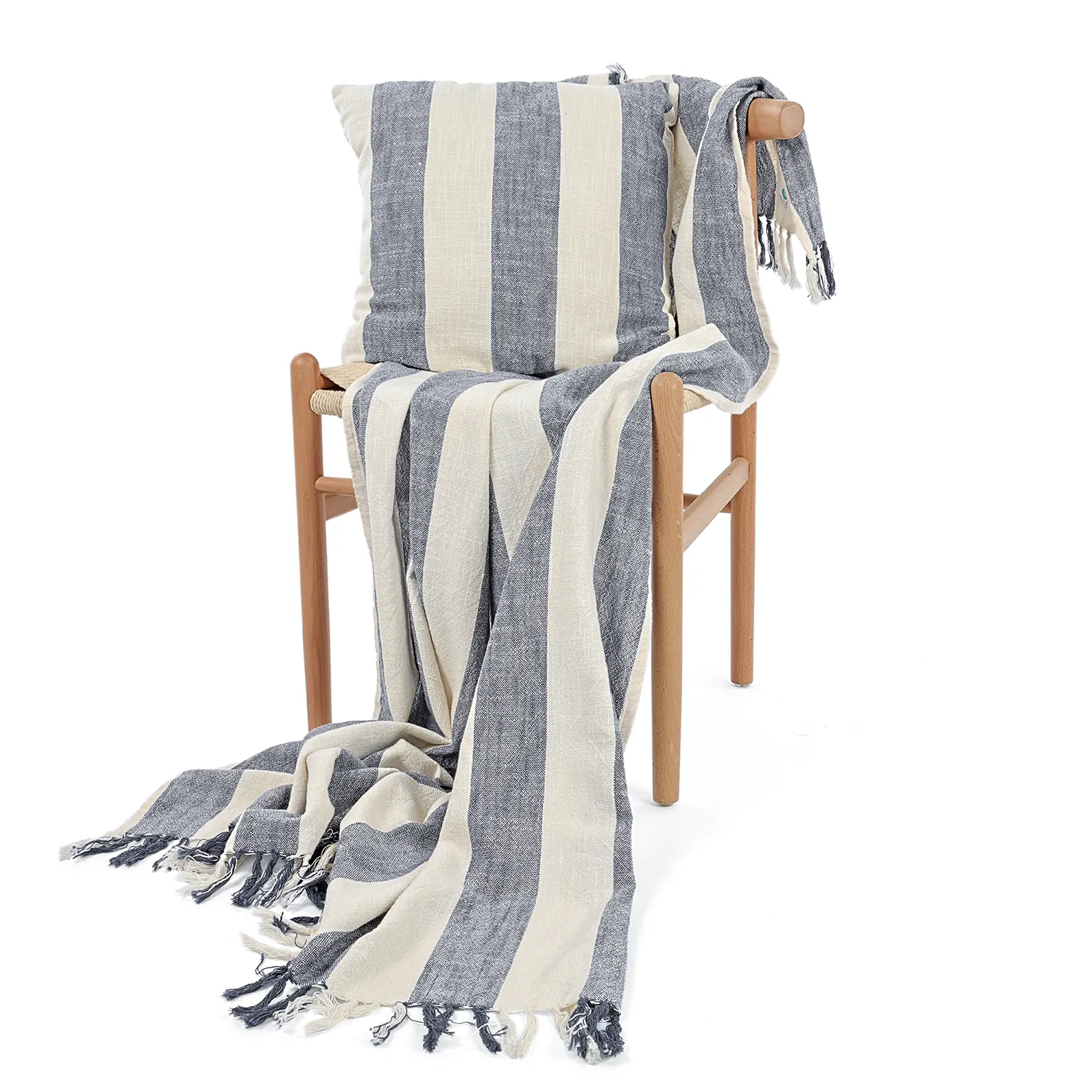 Dekens - Kora stripe cotton throw (crème/marineblauw)