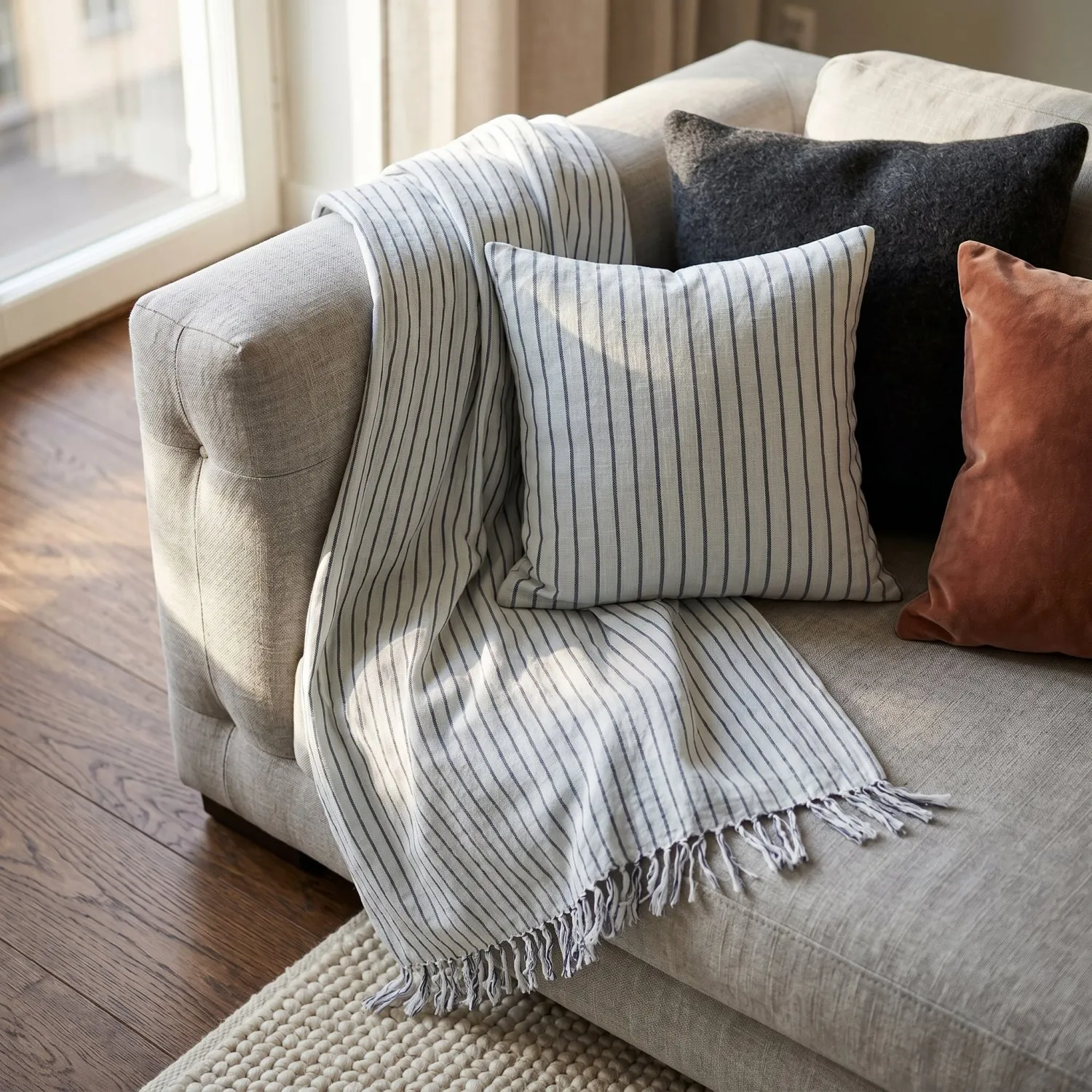Kussensloop - Rumi stripe cotton cushion cover (lichtblauw/marineblauw/crème)
