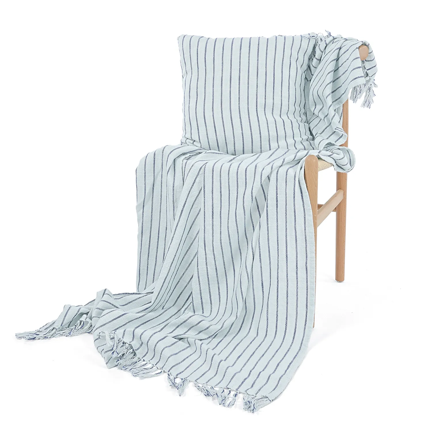 Kussensloop - Rumi stripe cotton cushion cover (lichtblauw/marineblauw/crème)