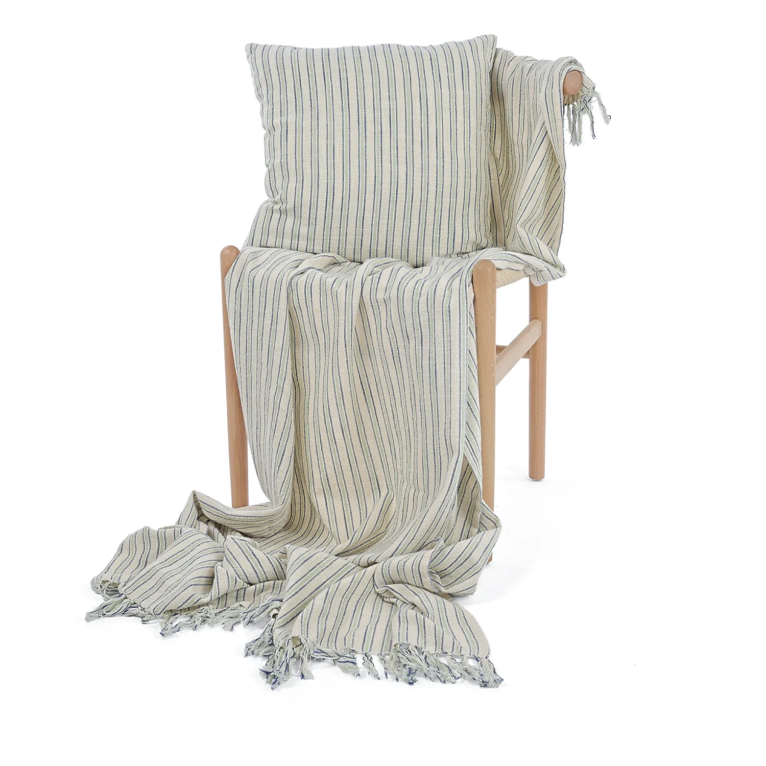 Dekens - Rumi stripe cotton throw (crème/marineblauw/lichtgroen)