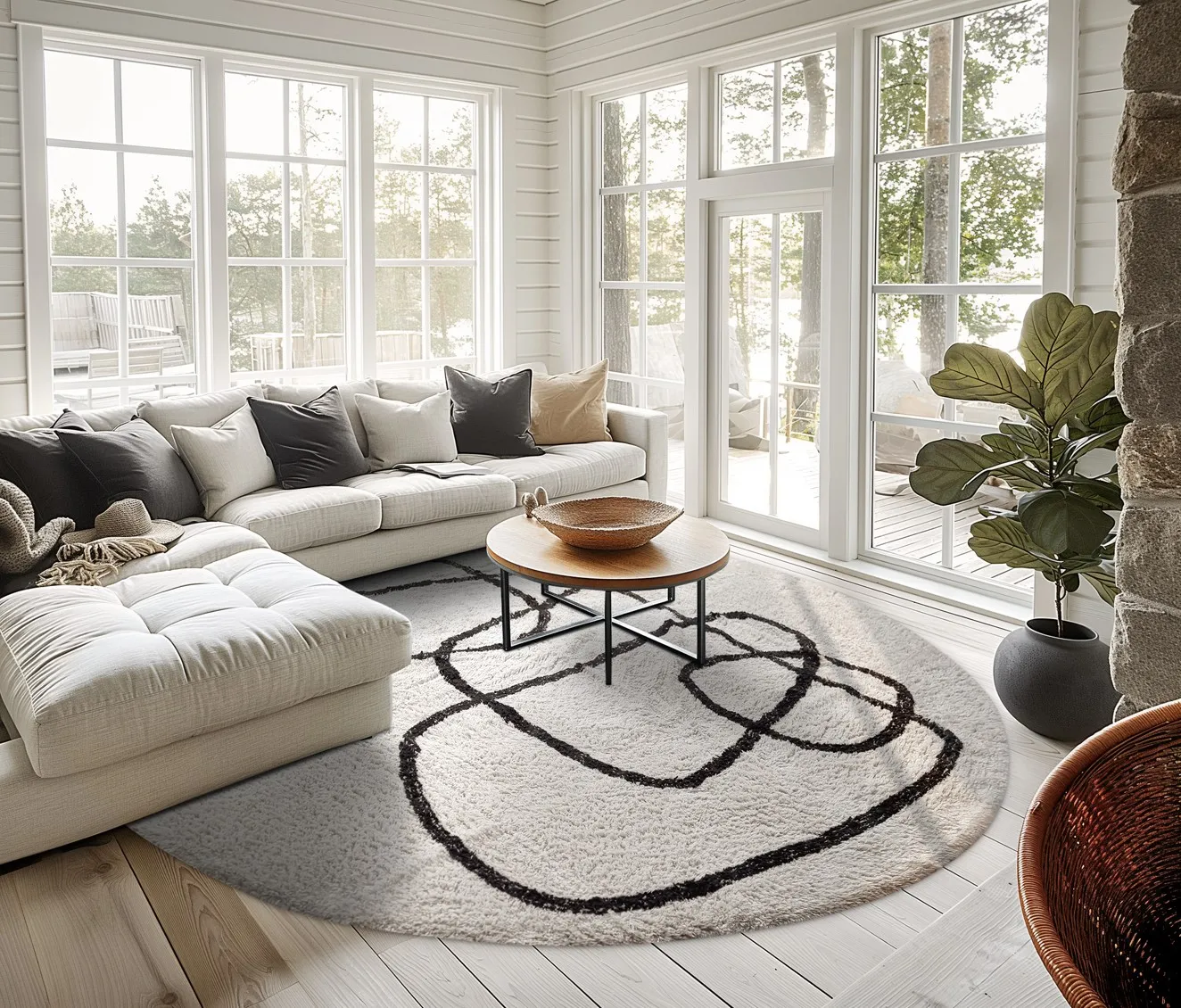 Ronde vloerkleden - Bavello Natural Cotton Shaggy (offwhite/zwart)