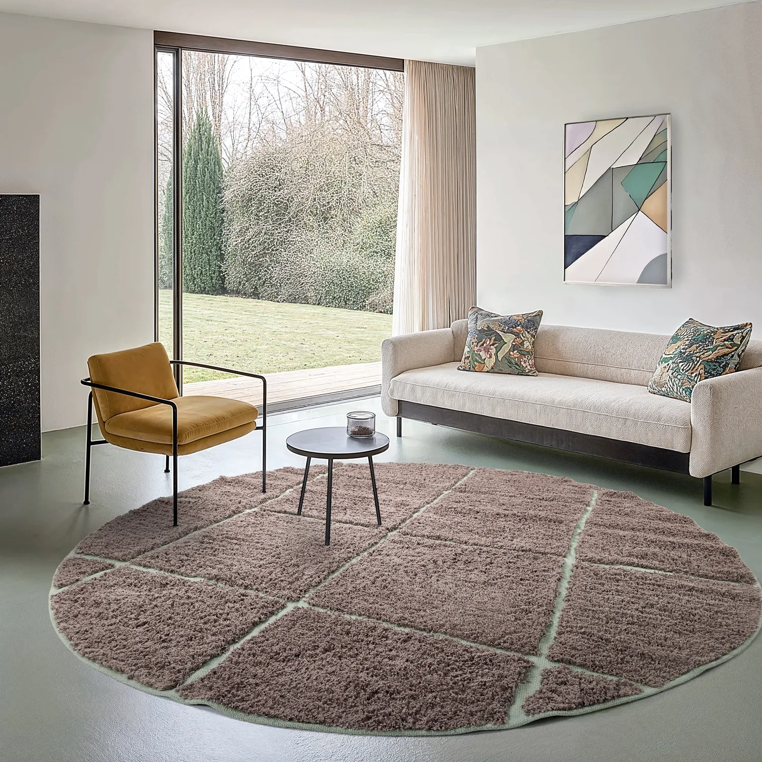 Ronde vloerkleden - Bellevue Natural Cotton Shaggy (taupe/groen)