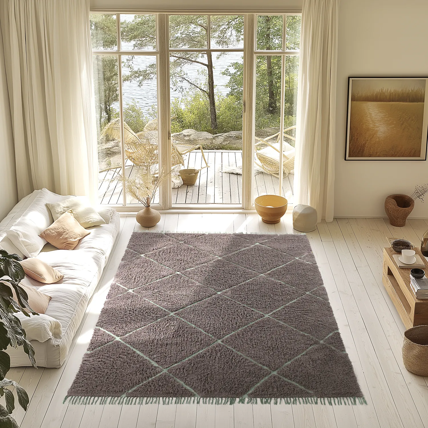 Hoogpolig vloerkleed - Bellevue Natural Cotton Shaggy (taupe/groen)