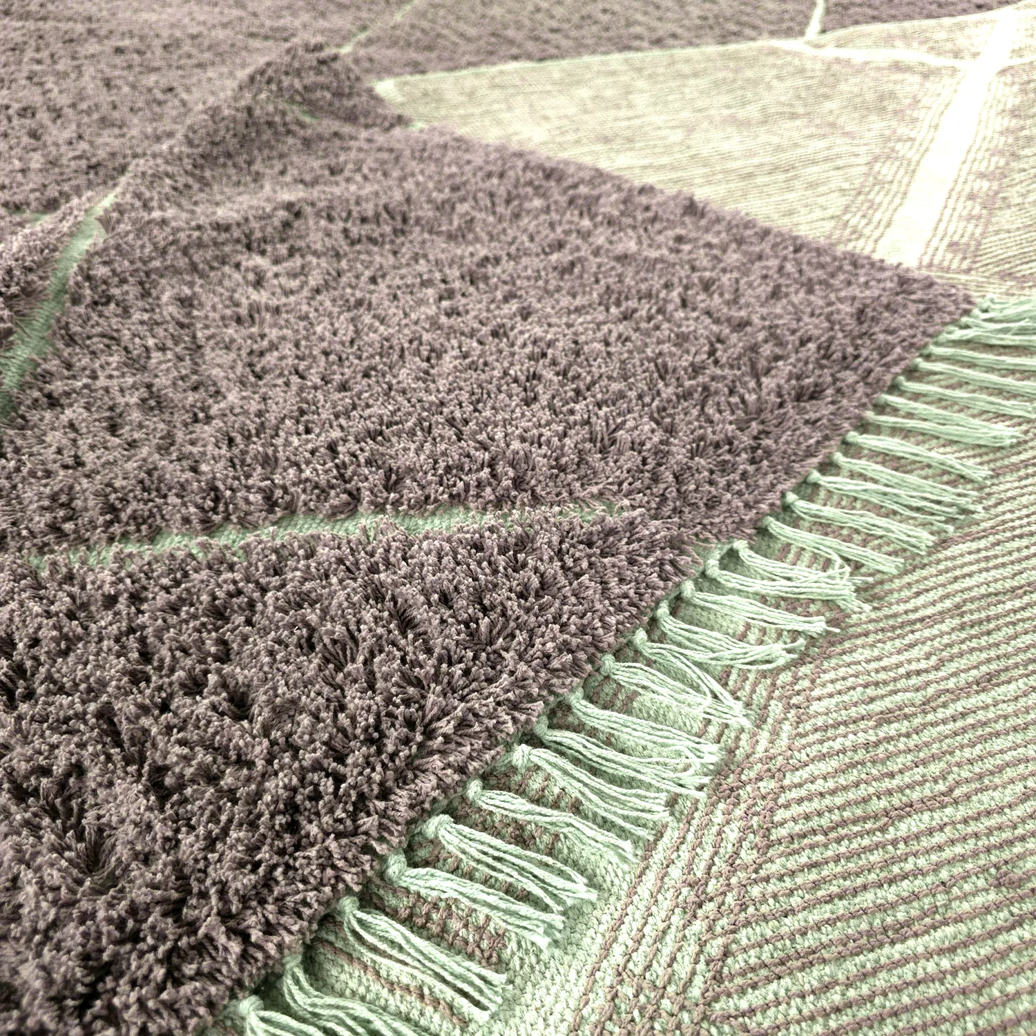 Hoogpolig vloerkleed - Bellevue Natural Cotton Shaggy (taupe/groen)