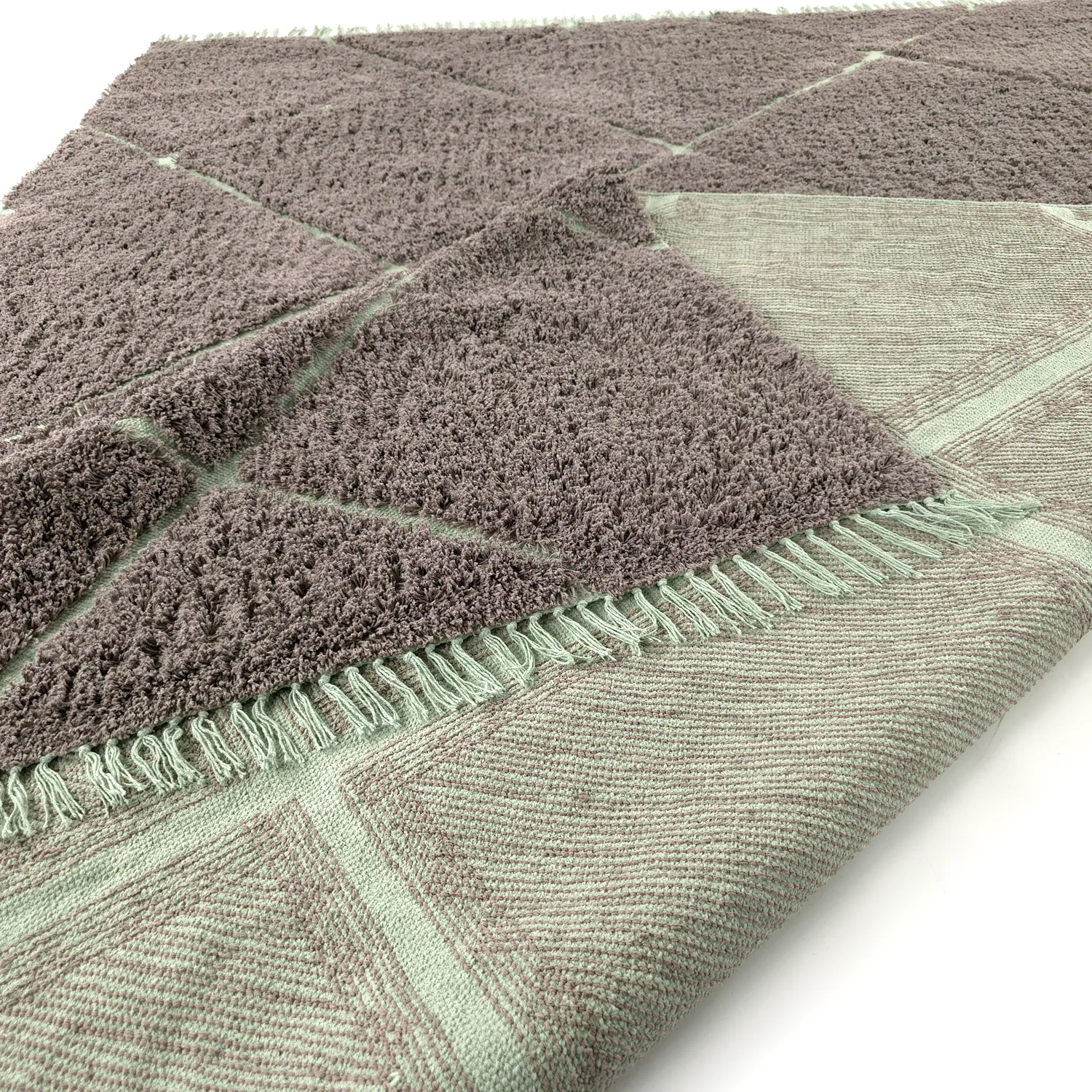 Hoogpolig vloerkleed - Bellevue Natural Cotton Shaggy (taupe/groen)