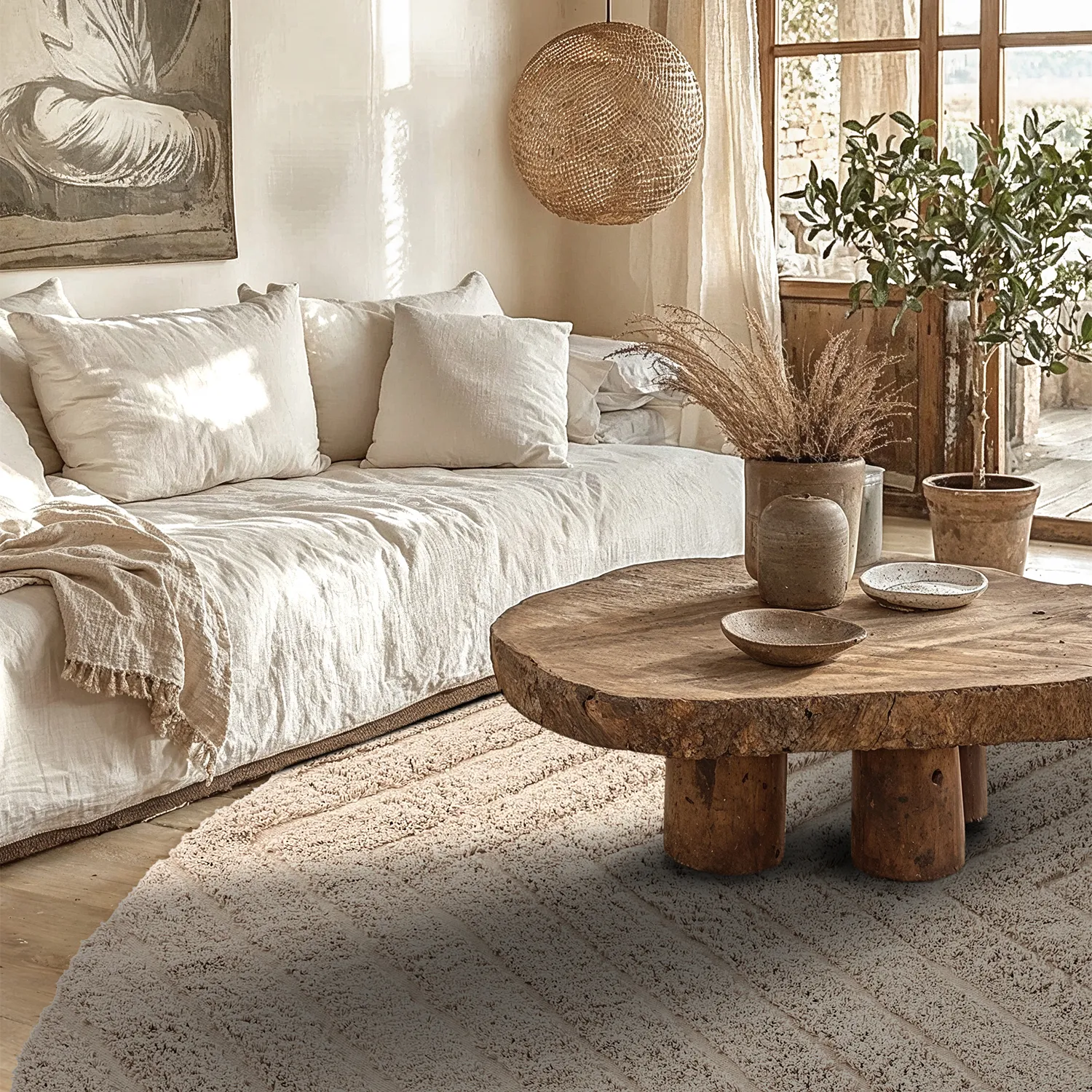 Ronde vloerkleden - Conara Natural Cotton Shaggy (beige)