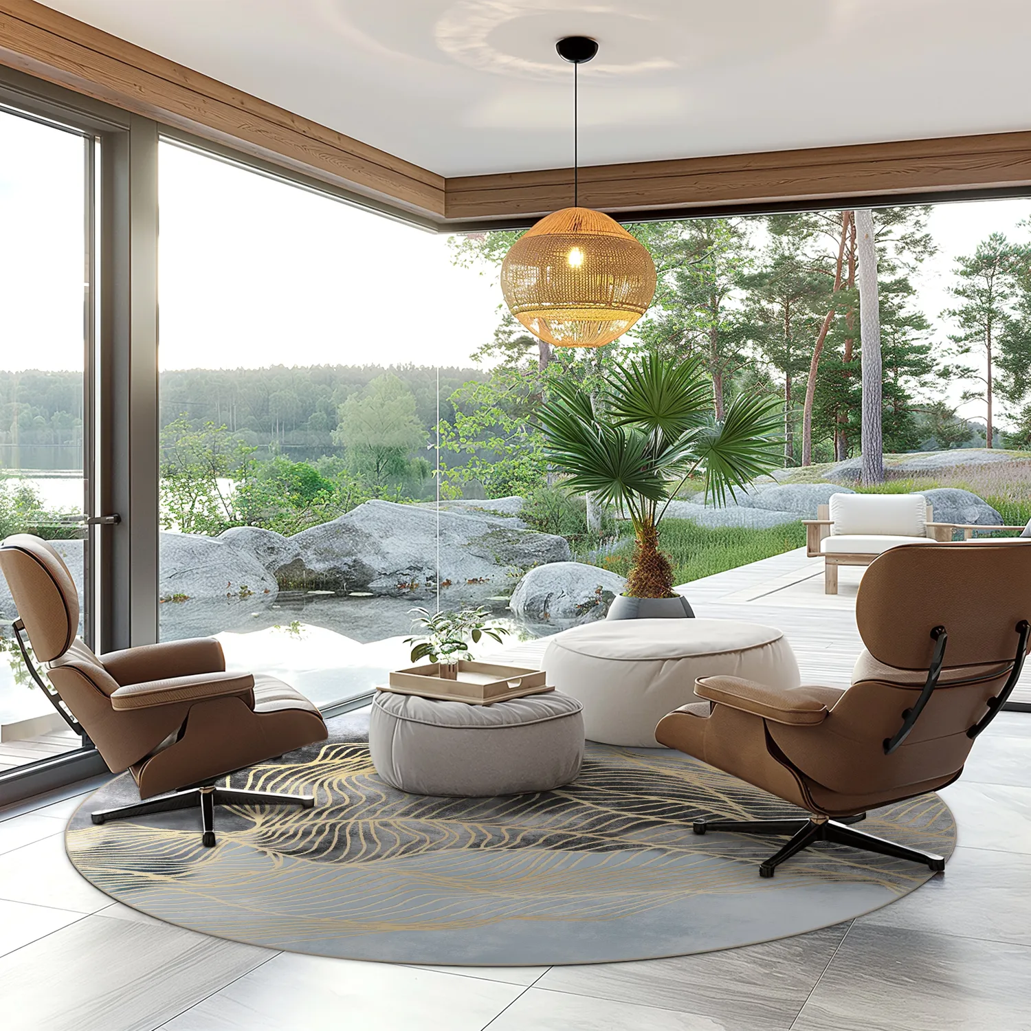 Rond vloerkleed - Ekual (blauw/grijs/goud)