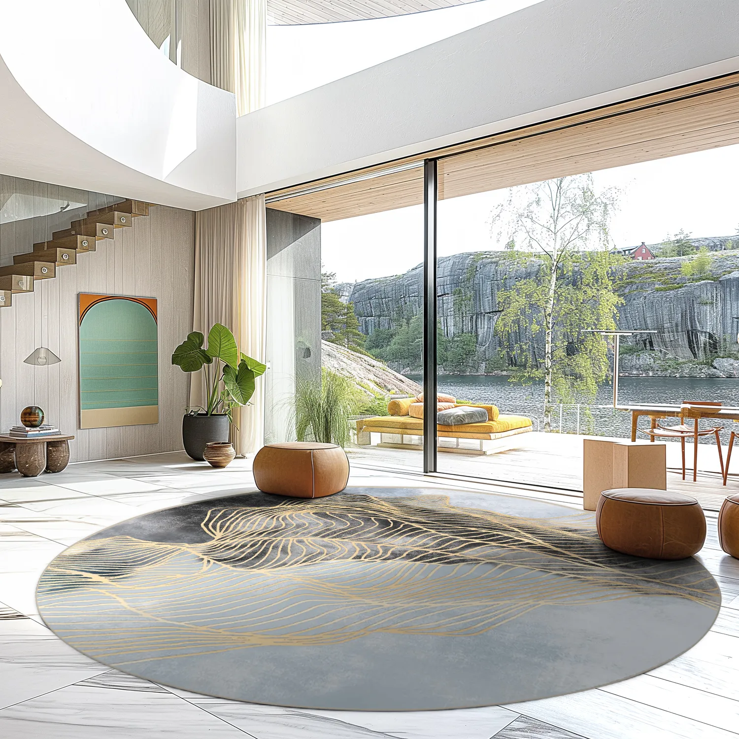 Rond vloerkleed - Ekual (blauw/grijs/goud)