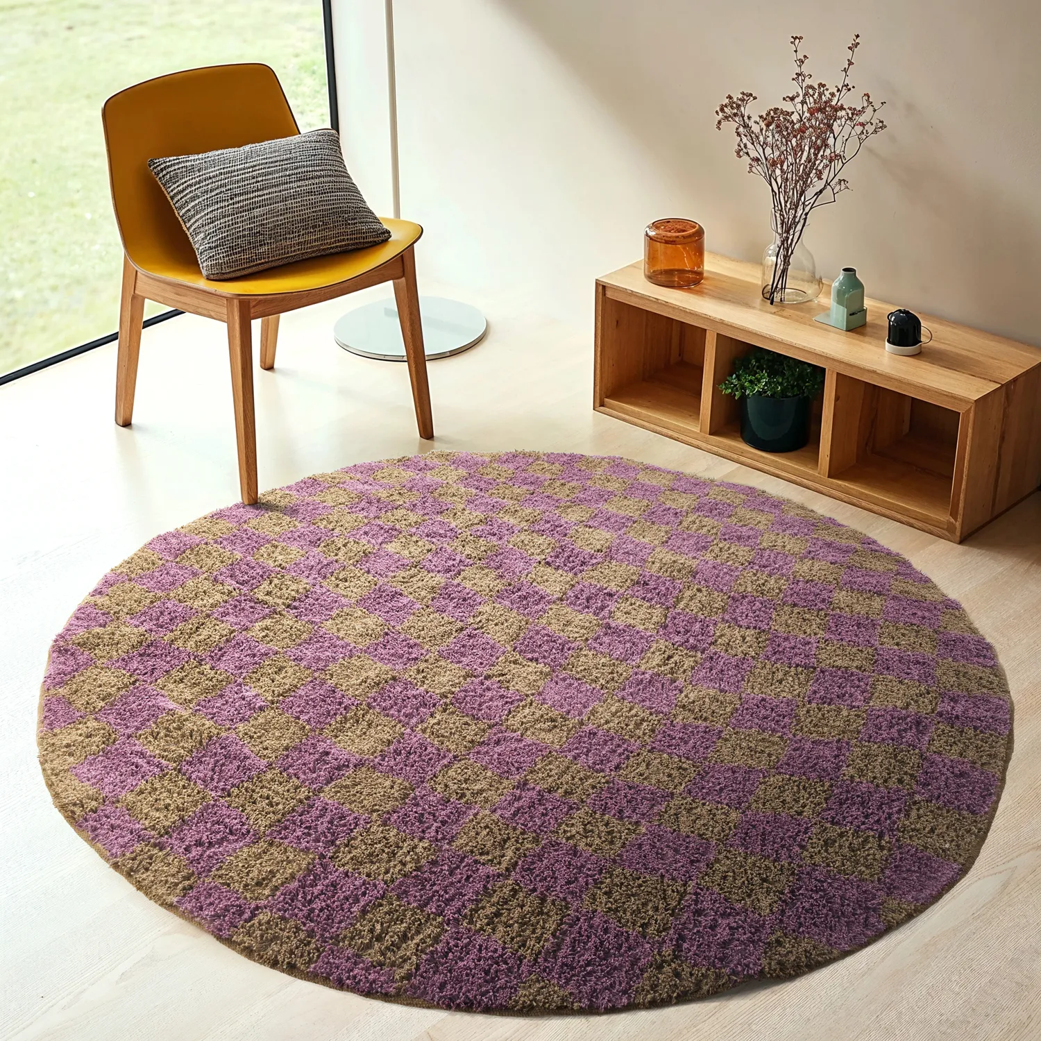 Ronde vloerkleden - Elsey Natural Cotton Shaggy (bruin/paars)