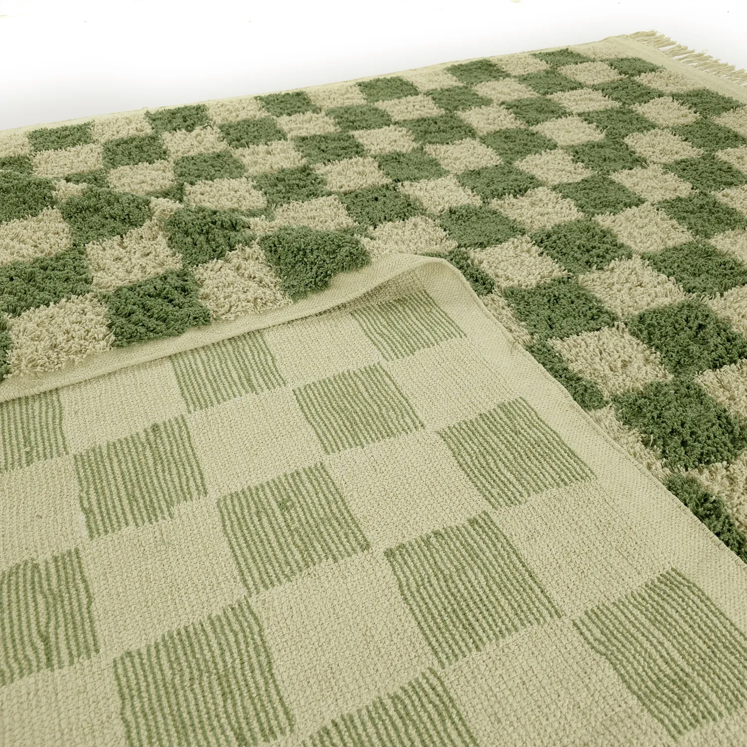 Hoogpolig vloerkleed - Elsey Natural Cotton Shaggy (groen/beige)