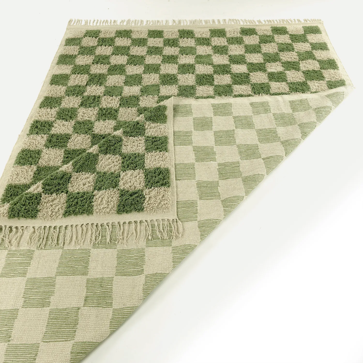 Hoogpolig vloerkleed - Elsey Natural Cotton Shaggy (groen/beige)