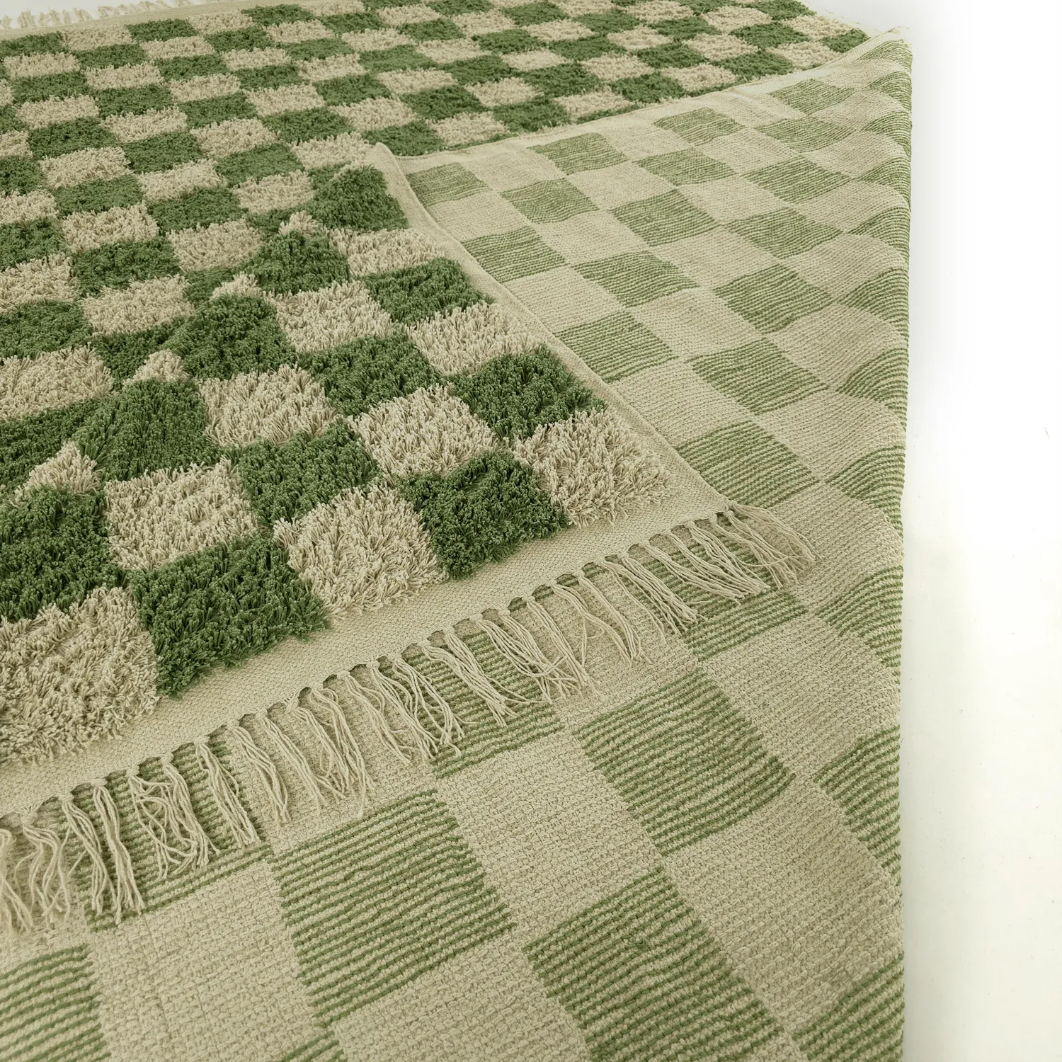 Hoogpolig vloerkleed - Elsey Natural Cotton Shaggy (groen/beige)