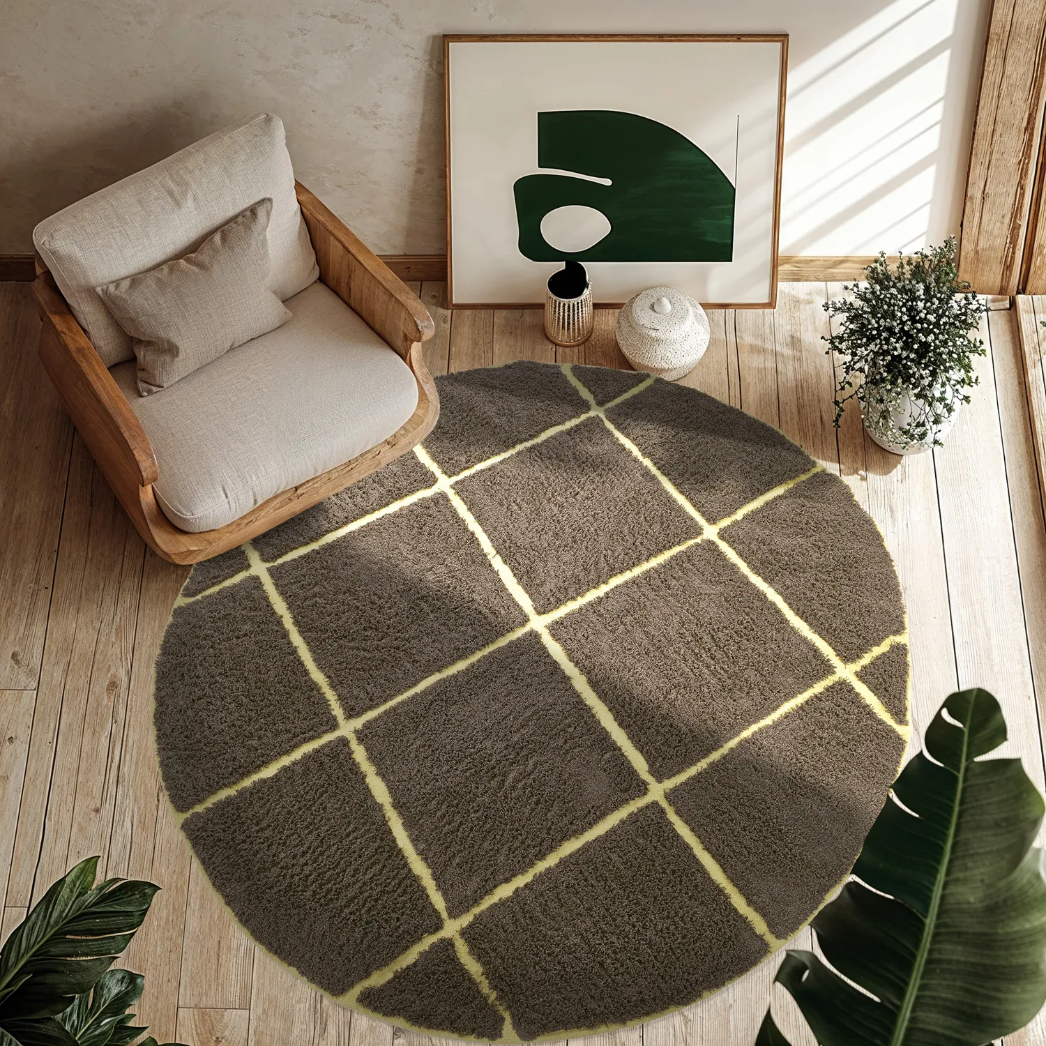 Ronde vloerkleden - Bellevue Natural Cotton Shaggy (bruin/geel)