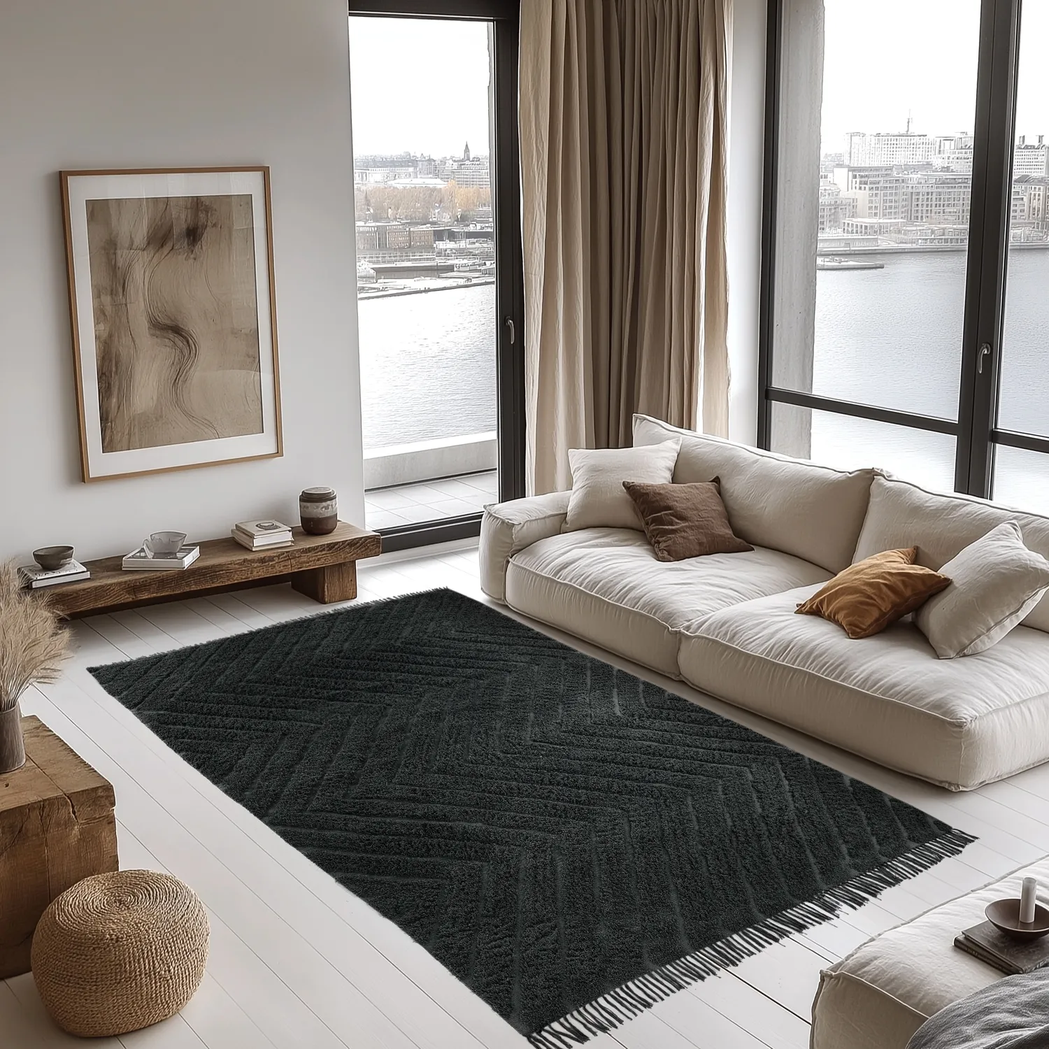 Hoogpolig vloerkleed - Farley Natural Cotton Shaggy (zwart)