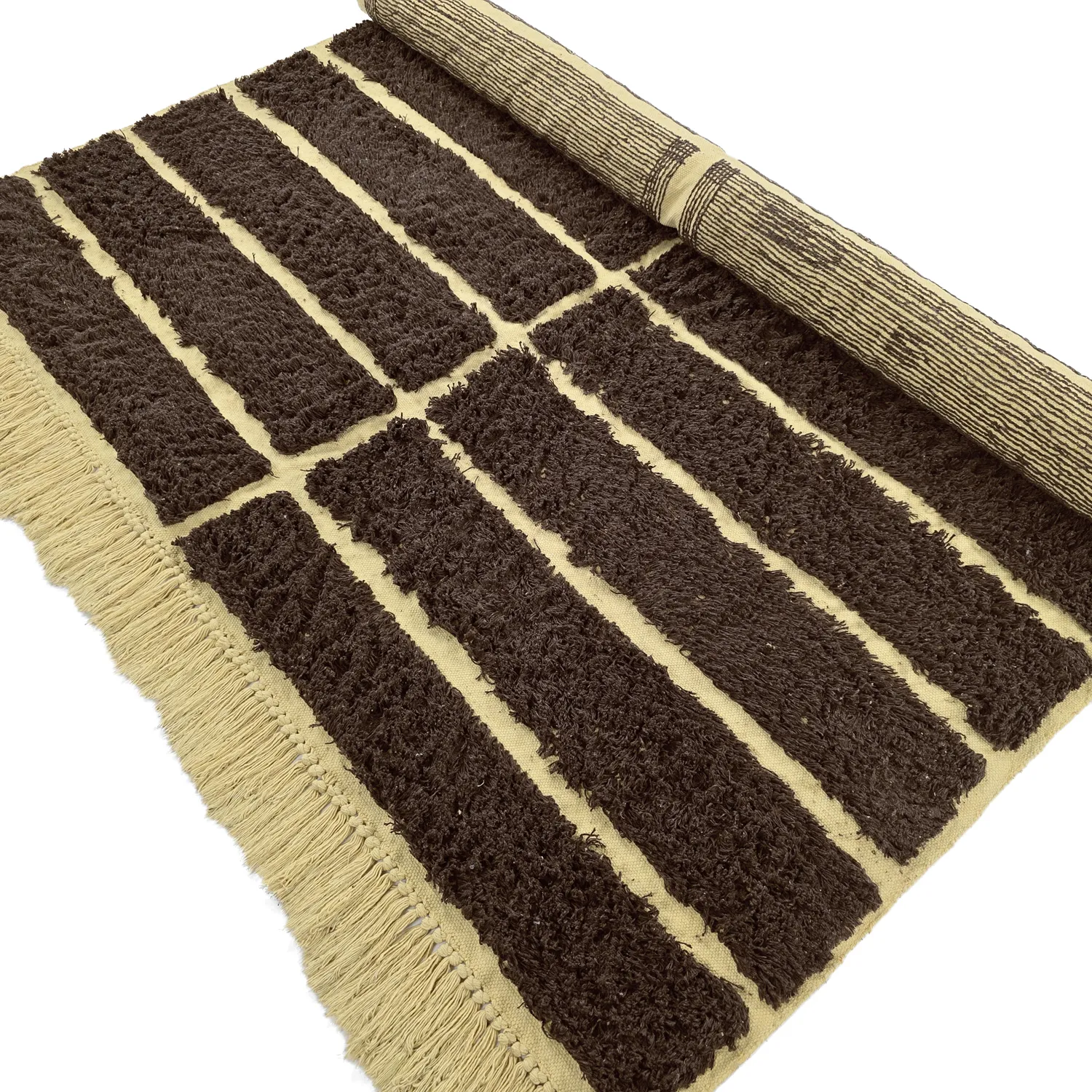 Hoogpolig vloerkleed - Ikara Natural Cotton Shaggy (bruin)
