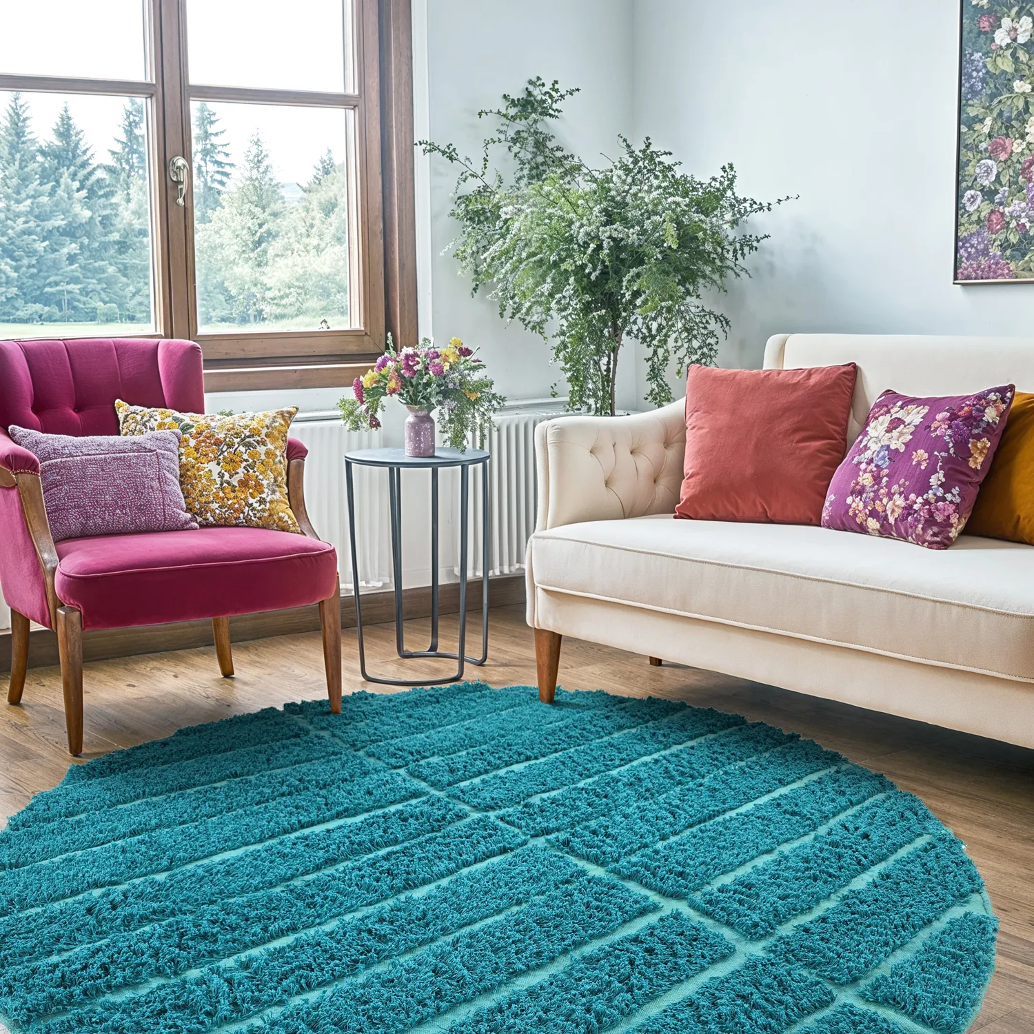 Rond vloerkleed - Ikara Natural Cotton Shaggy (turkoois)